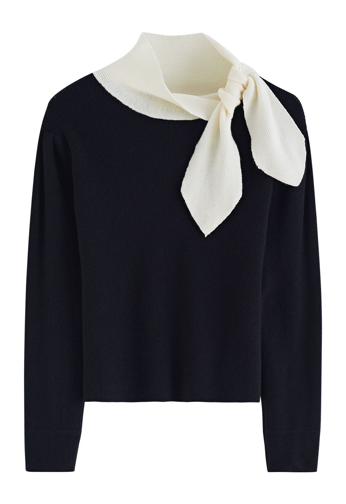 Contrast Tie-Knot Neck Knit Top in Black