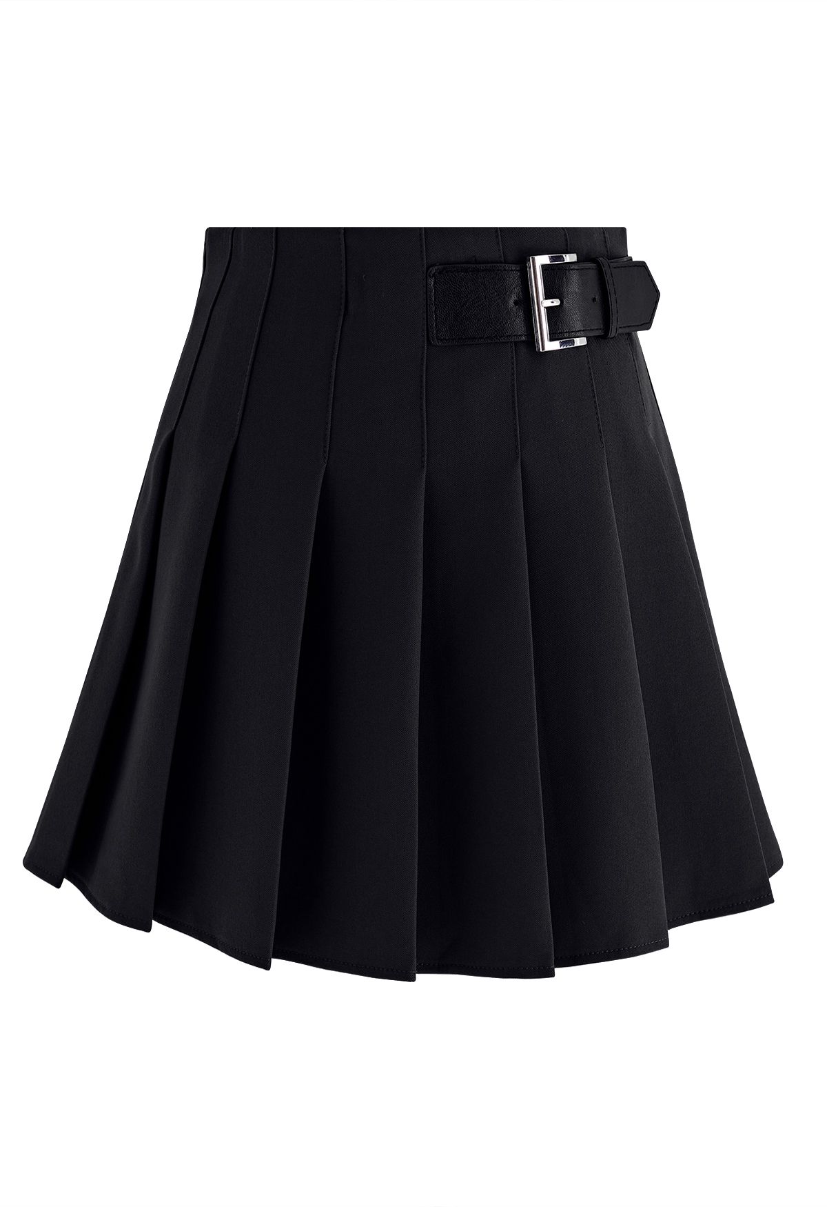 Belted Pleated Flare Mini Skirt in Black