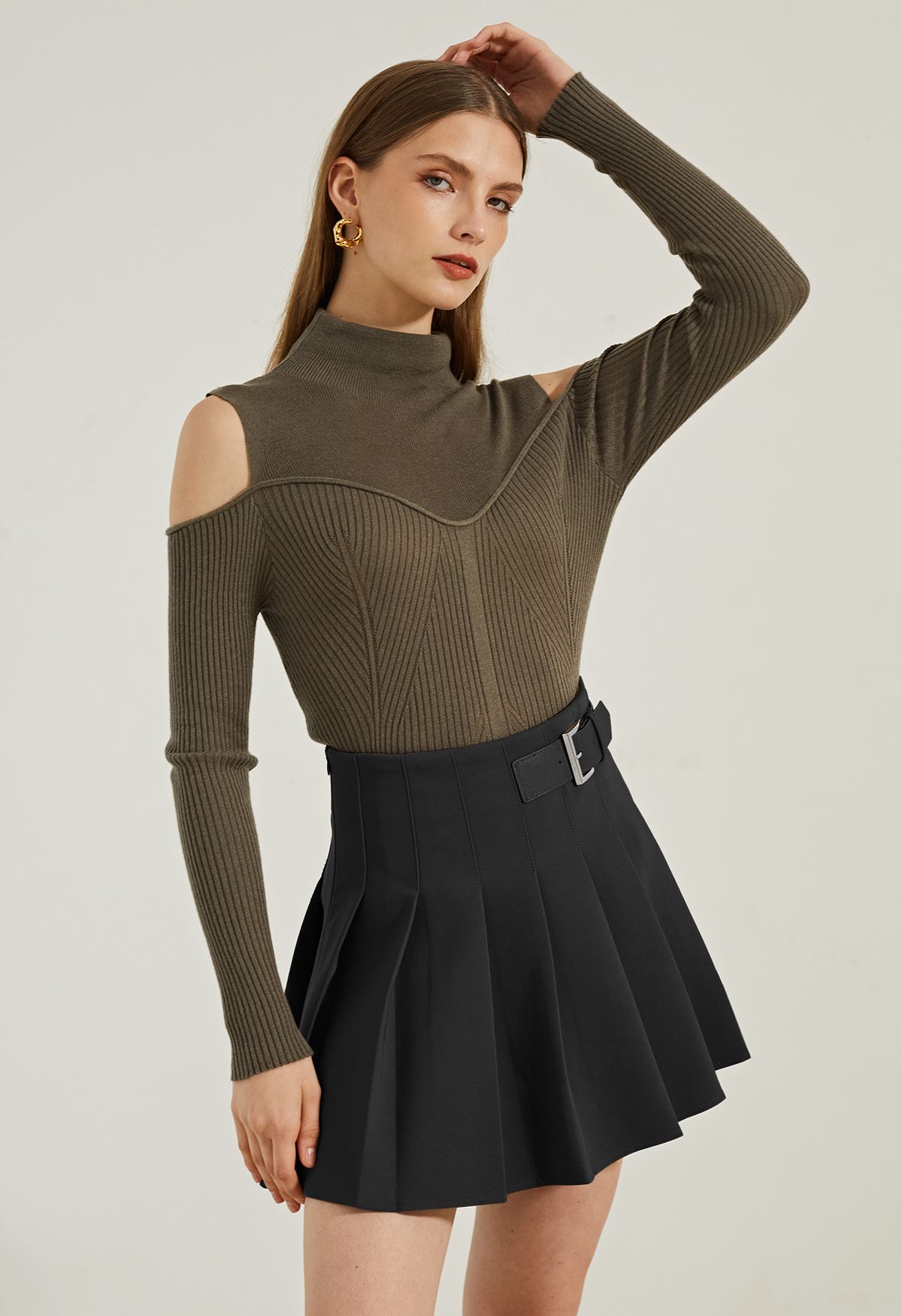 Belted Pleated Flare Mini Skirt in Black