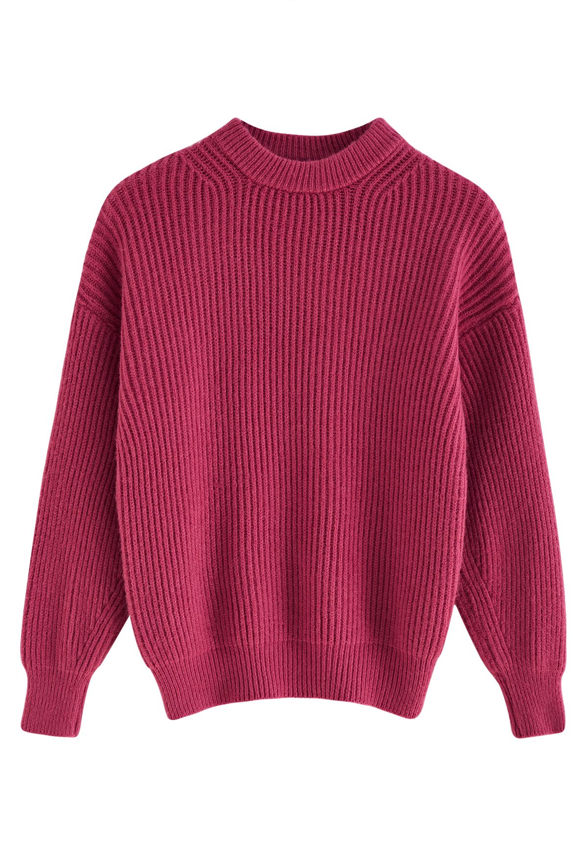 Solid Color Rib Knit Sweater in Berry