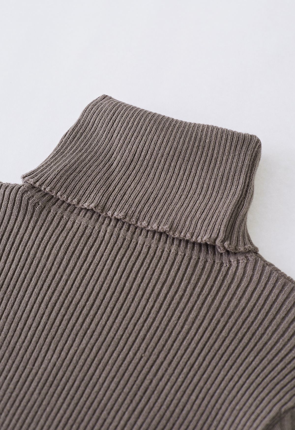 Turtleneck Mesh Overlay Sleeve Knit Top in Brown