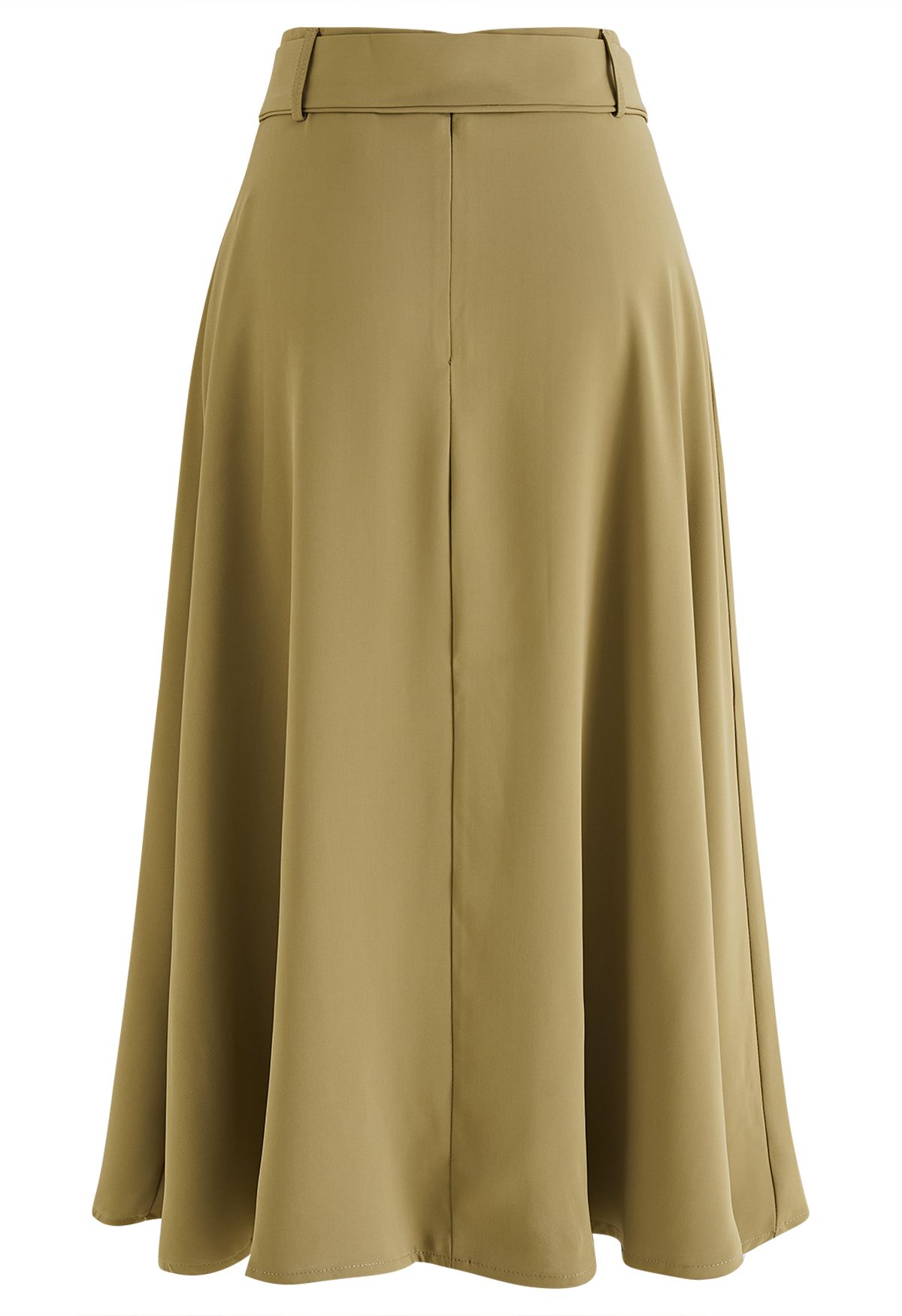 O-Ring Belt Pleated Flare Midi Skirt in Camel