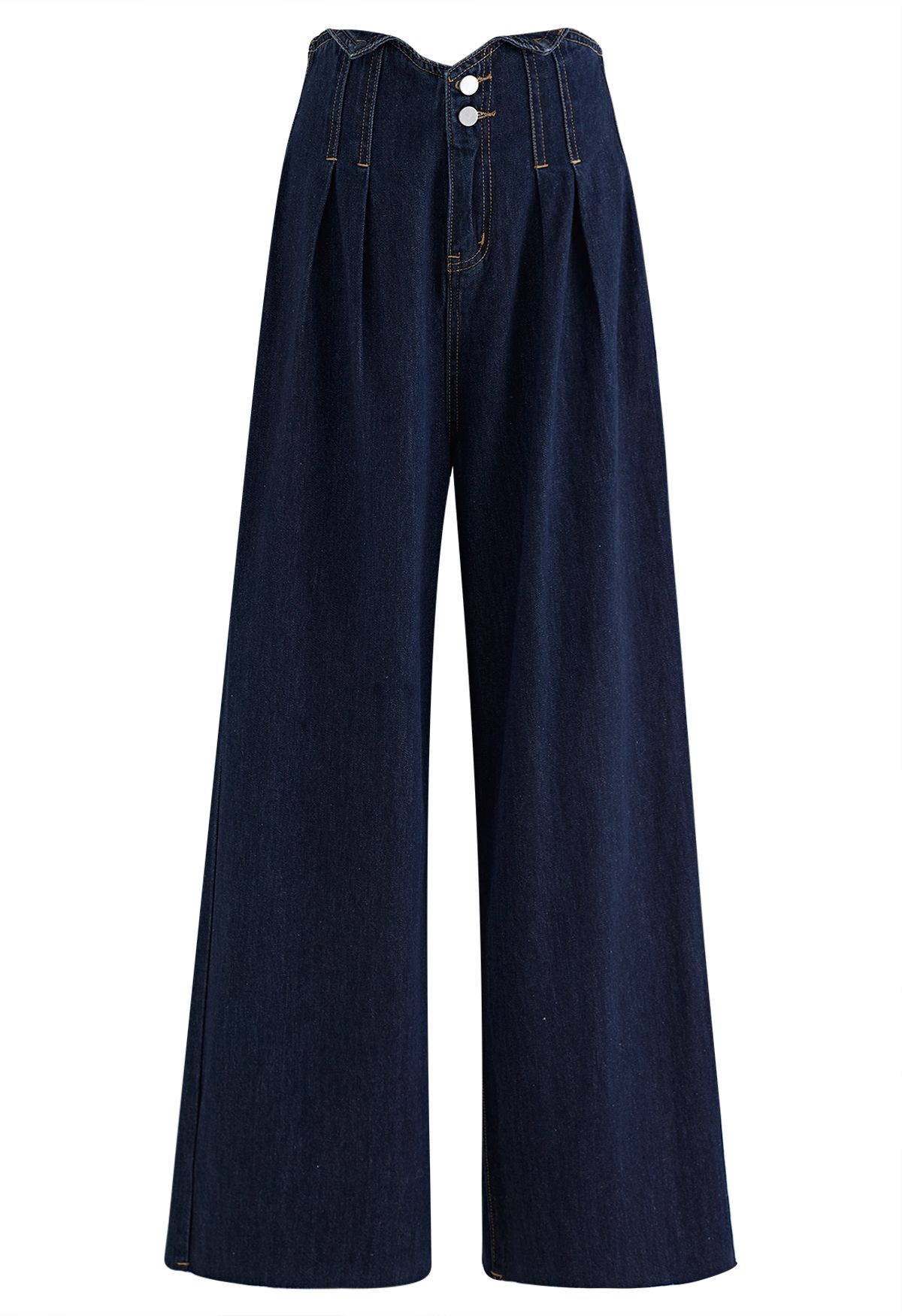 Notched Edge Pleated Wide-Leg Jeans in Navy