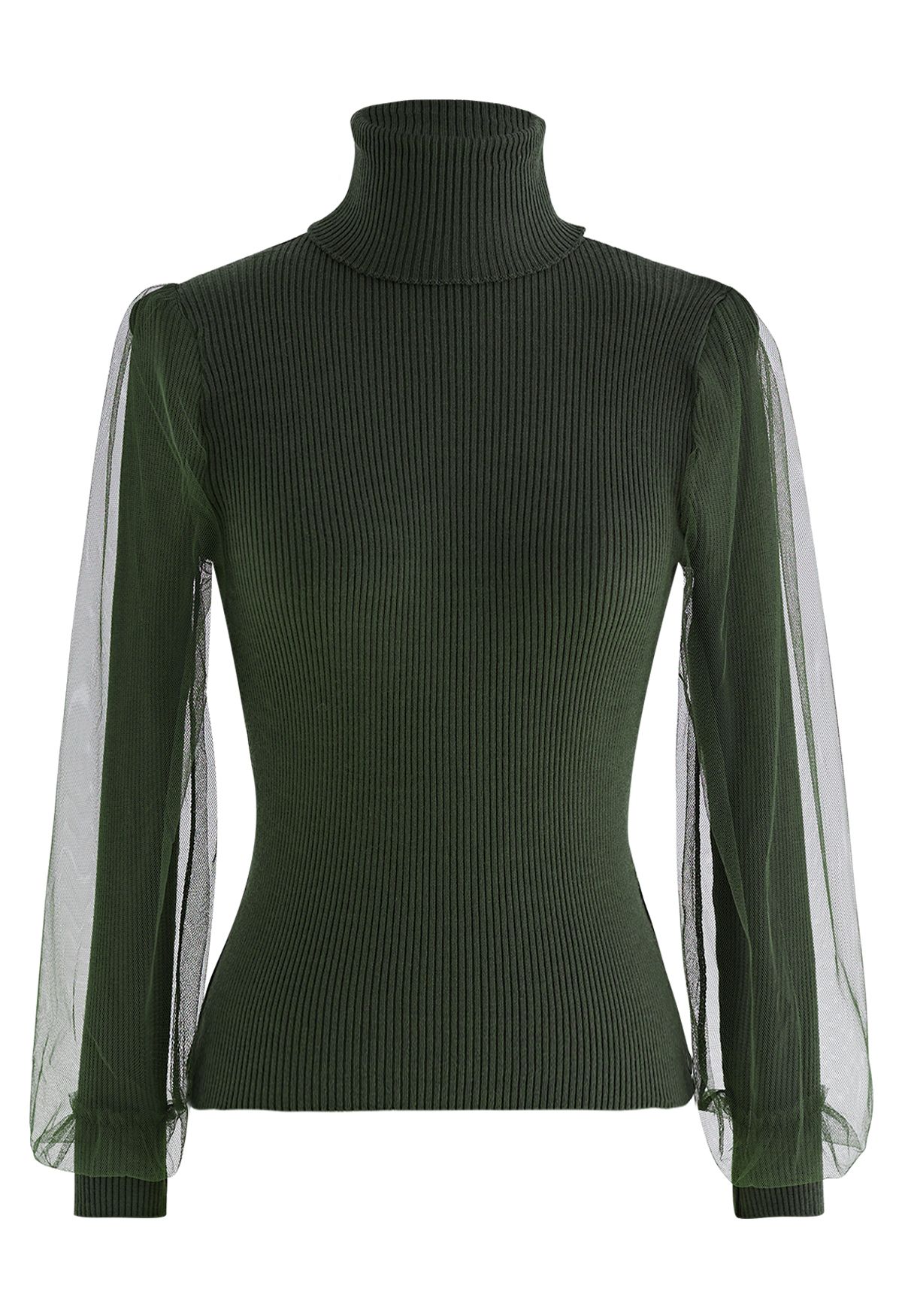 Turtleneck Mesh Overlay Sleeve Knit Top in Army Green