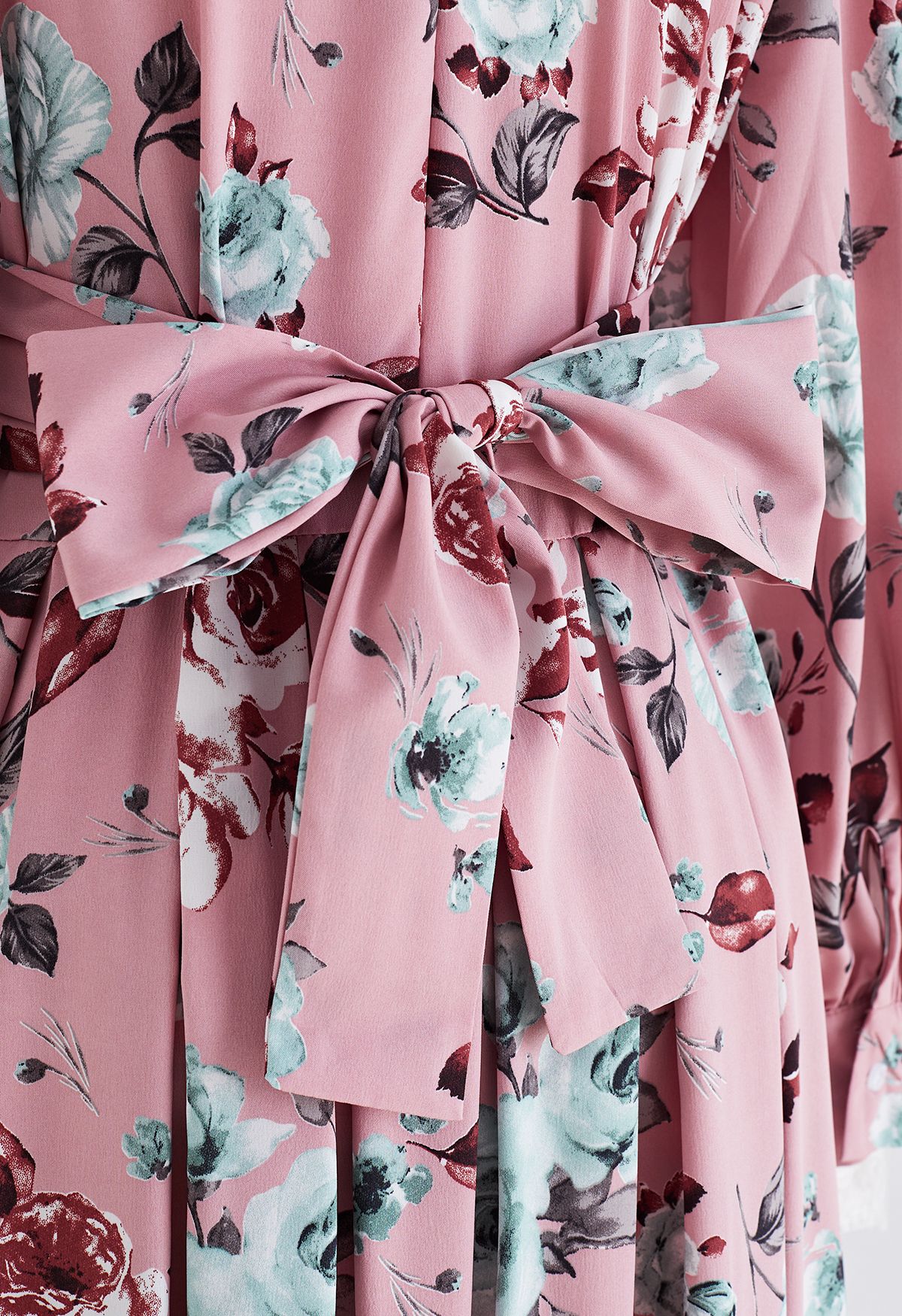 Abundant Peony Tie Waist Pleated Midi Dress in Pink