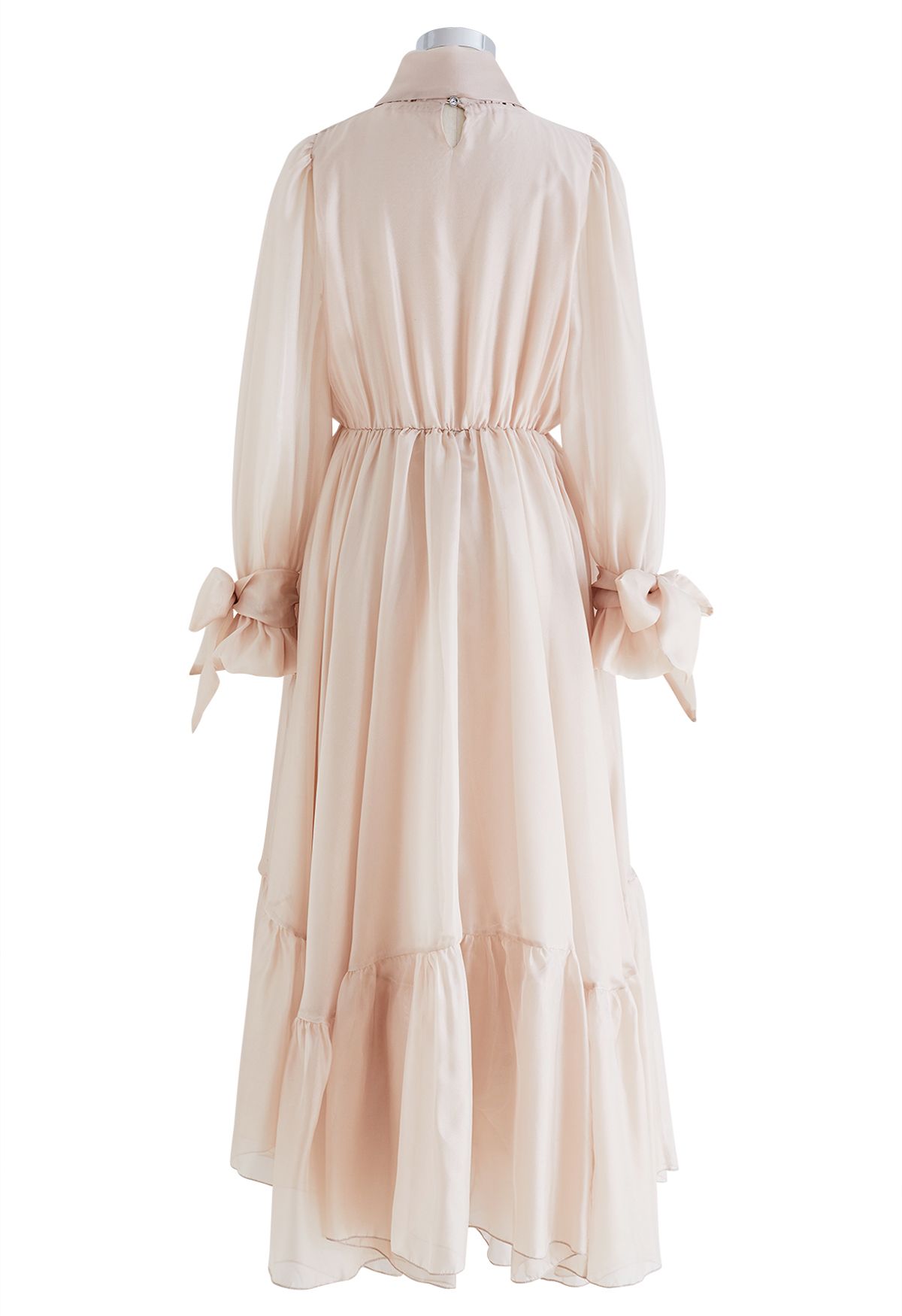Superbe robe à volants en maille transparente à col nœud en abricot