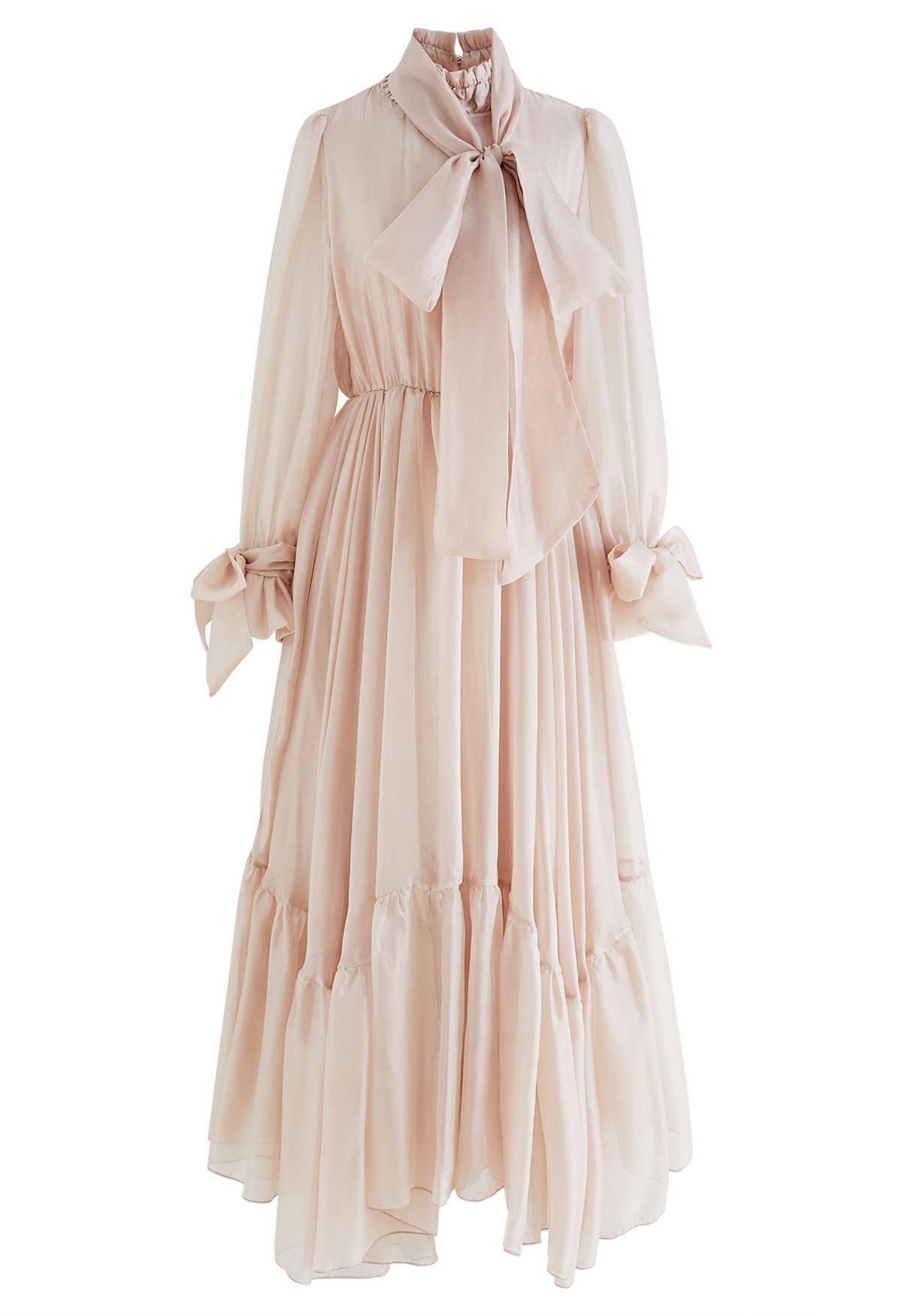 Superbe robe à volants en maille transparente à col nœud en abricot