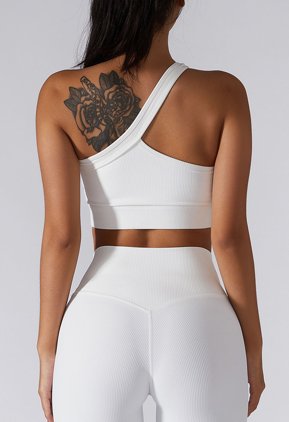 Soutien-Gorge de Sport Côtelé à Col Halter Incliné en Blanc