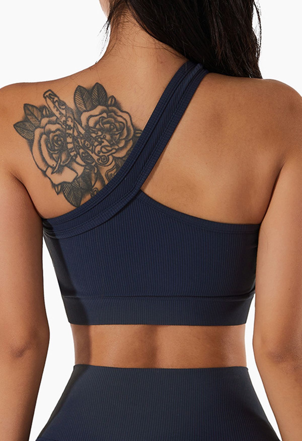 Soutien-gorge de sport côtelé à col licou incliné en bleu marine