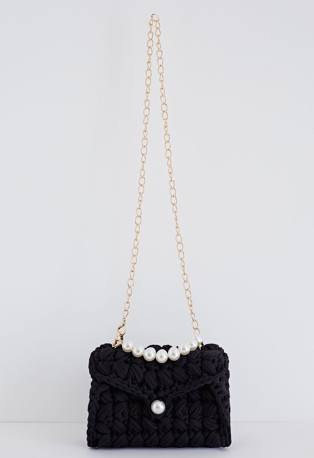 Mini sac en maille épaisse tressée à chaîne perlée en noir