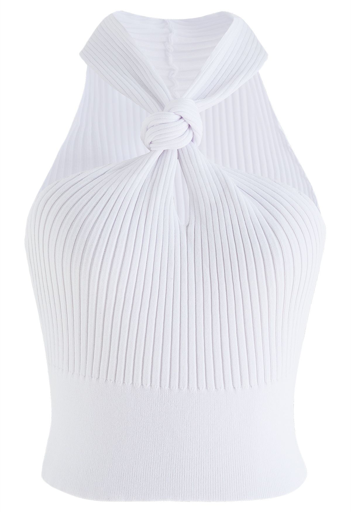 Crop Top en Tricot à Col Halter et Nœud en Blanc