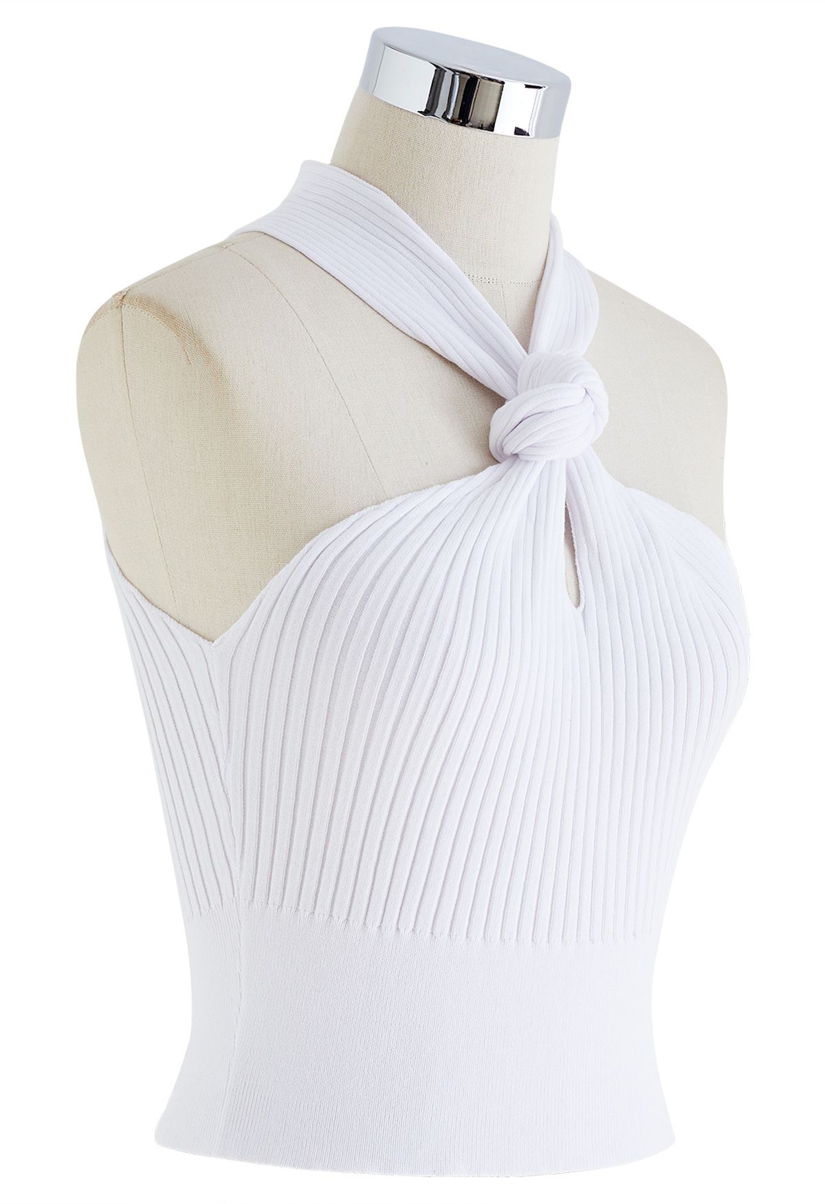 Crop Top en Tricot à Col Halter et Nœud en Blanc