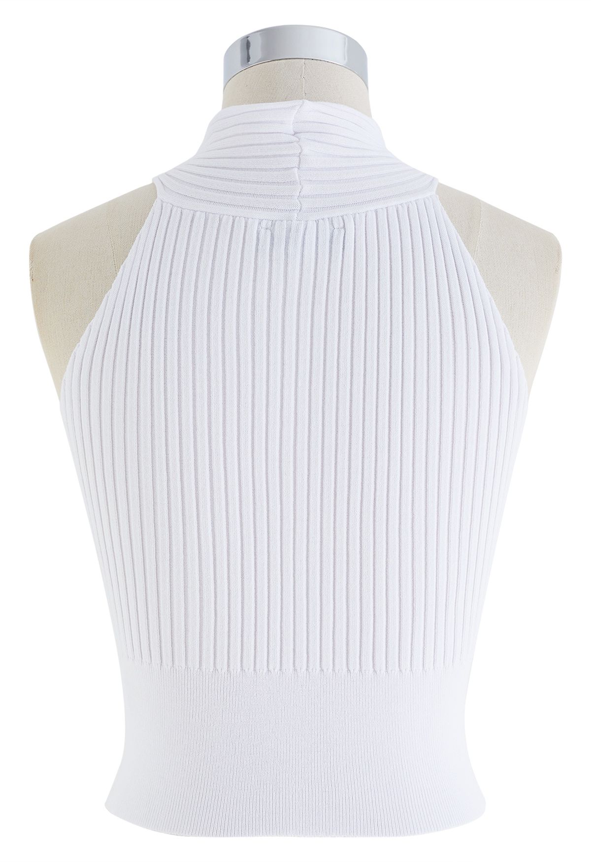 Crop Top en Tricot à Col Halter et Nœud en Blanc