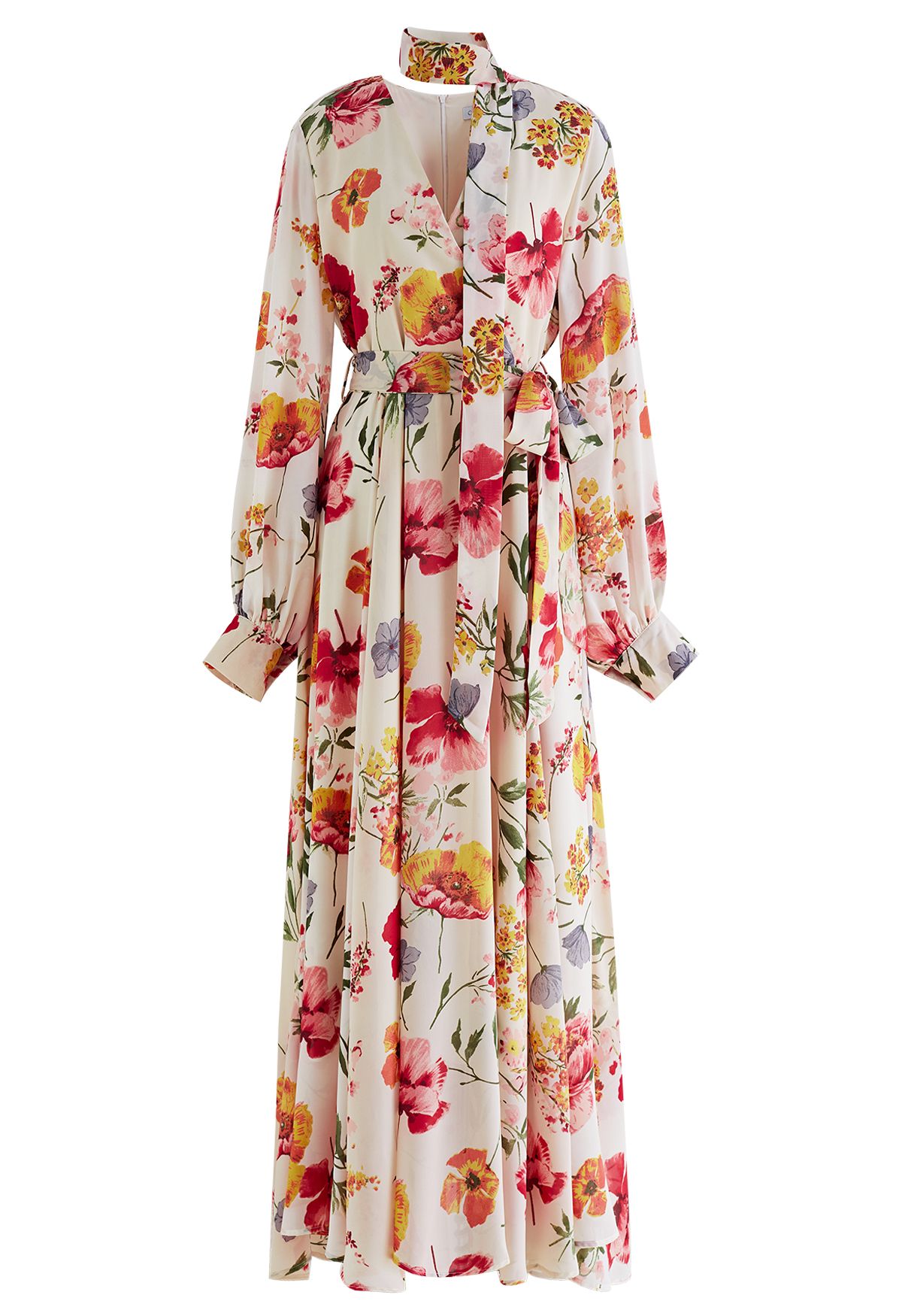 Robe Maxi en Mousseline Vernal Blossom Plongeant Foulard en Crème