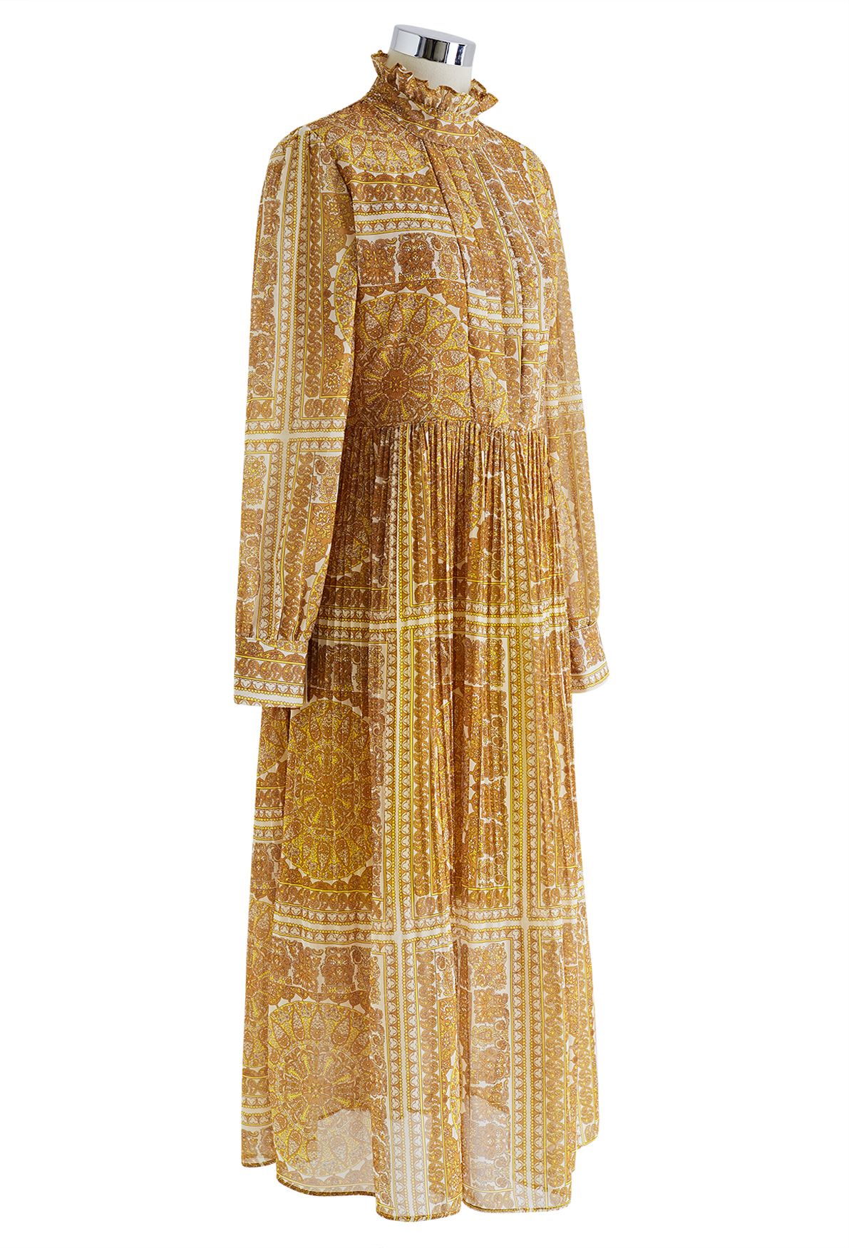 Boho Paisley Robe mi-longue en mousseline de soie plissée en orange