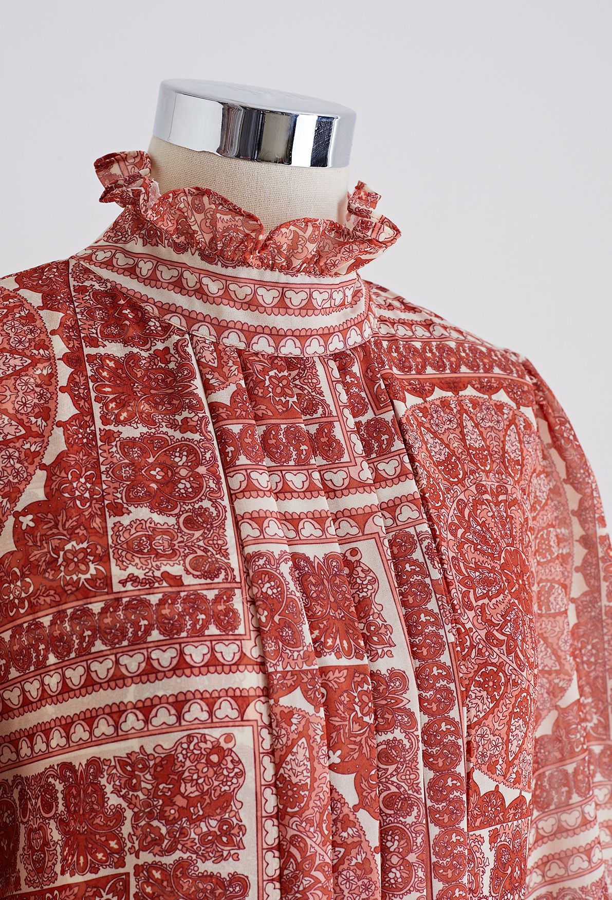 Boho Paisley Robe mi-longue en mousseline de soie plissée en rouge rouille