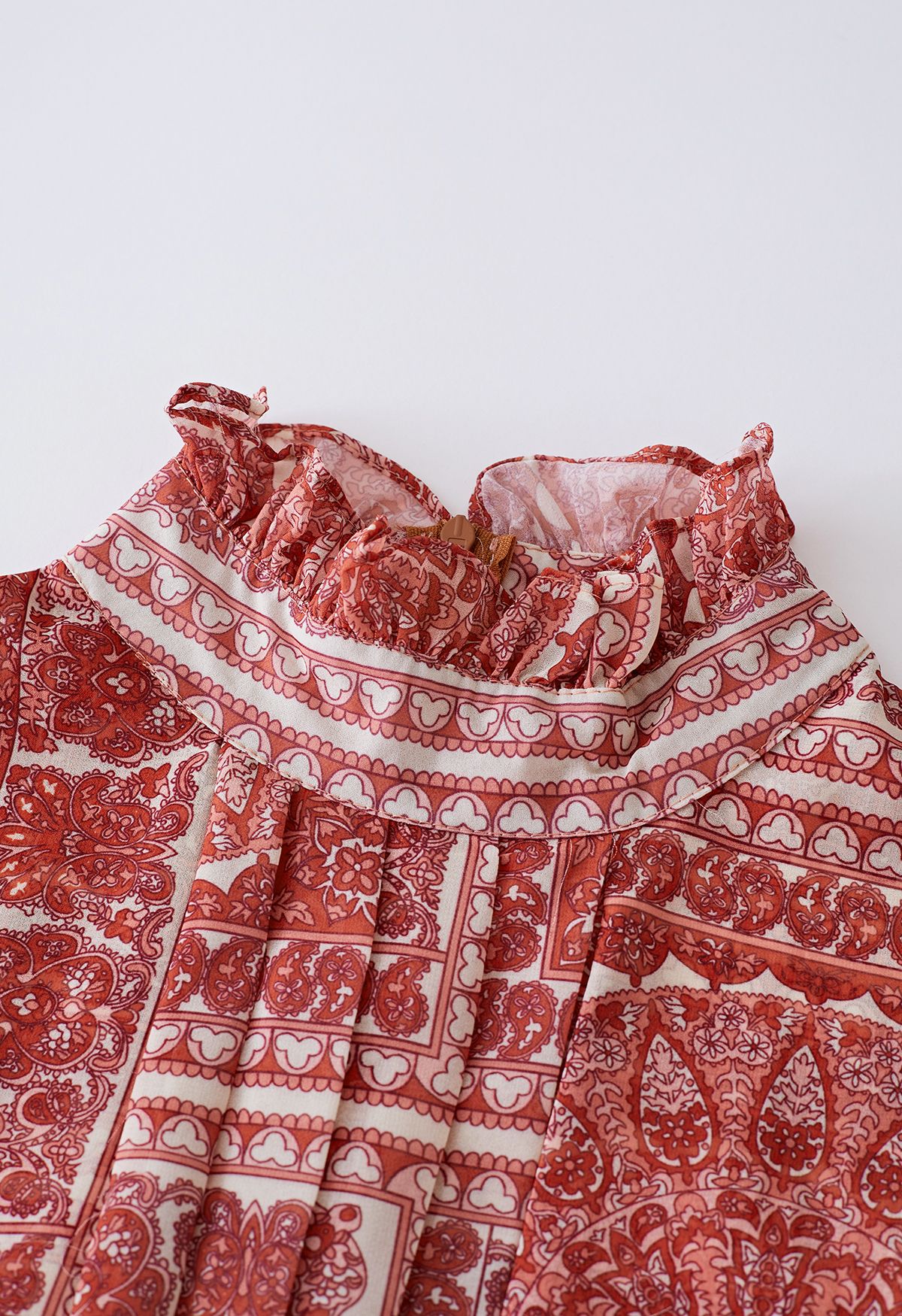 Boho Paisley Robe mi-longue en mousseline de soie plissée en rouge rouille