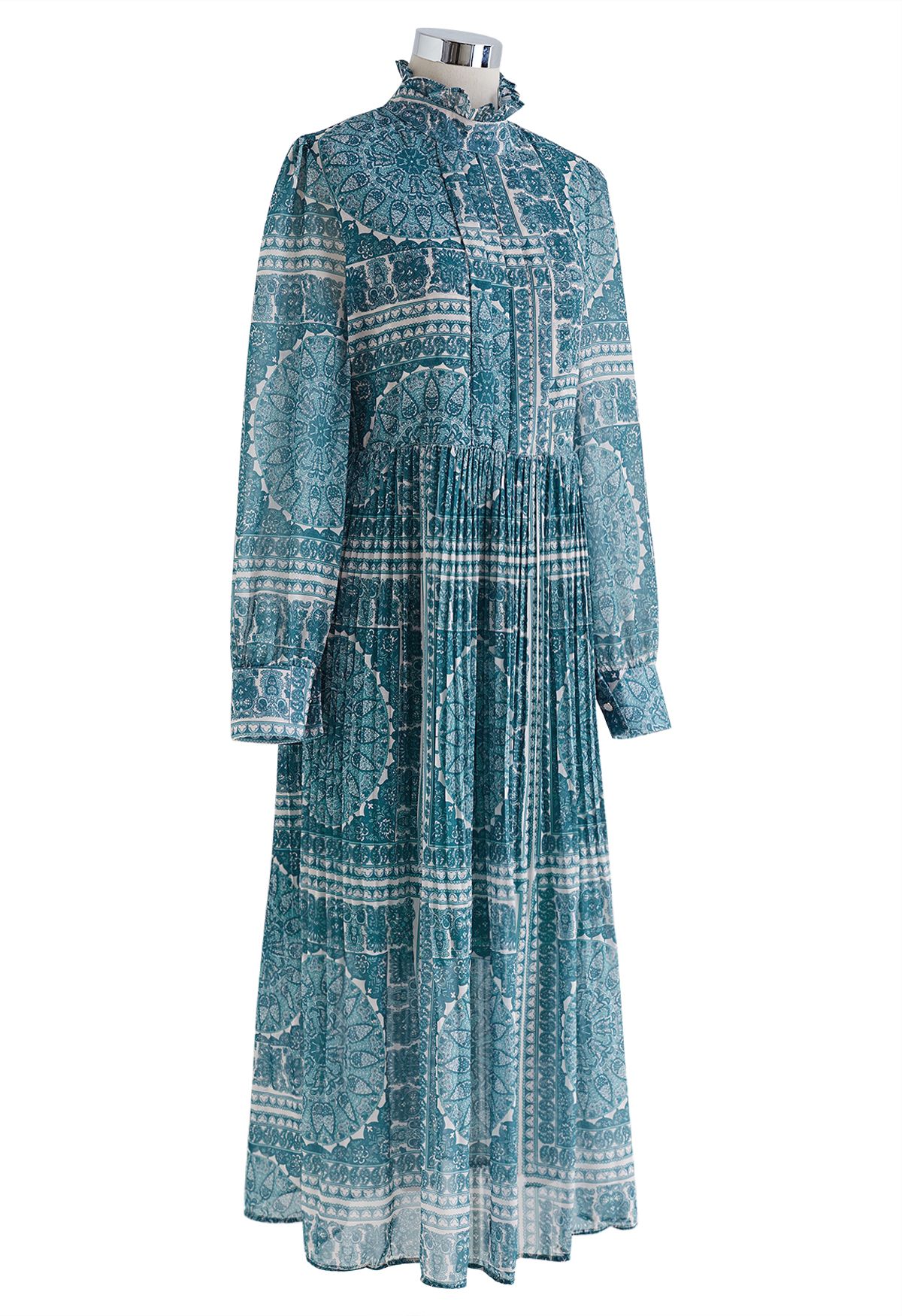Boho Paisley Robe mi-longue en mousseline de soie plissée en bleu sarcelle