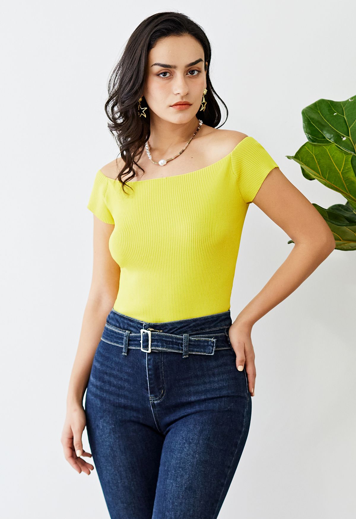 Crop top côtelé à encolure bateau en jaune