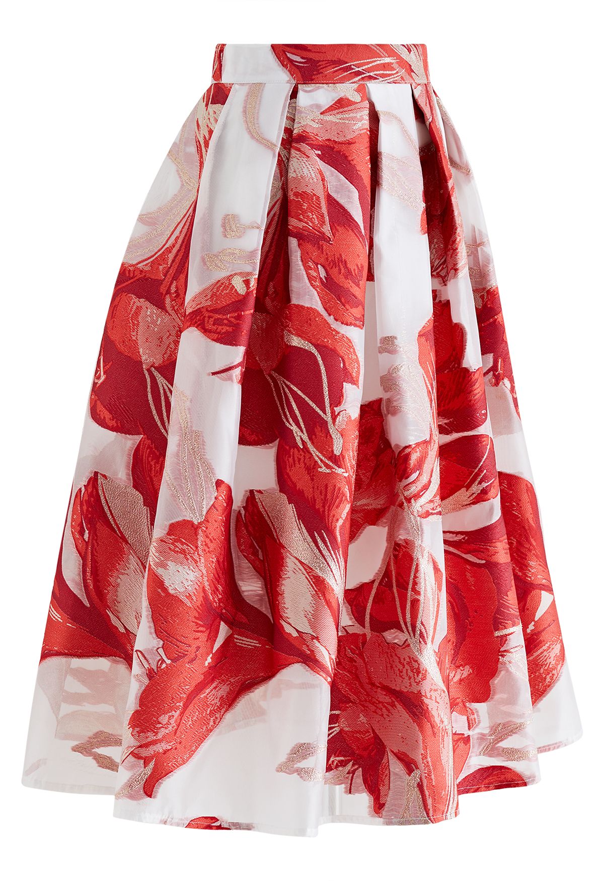 Jupe mi-longue plissée en organza jacquard floral artistique en rouge