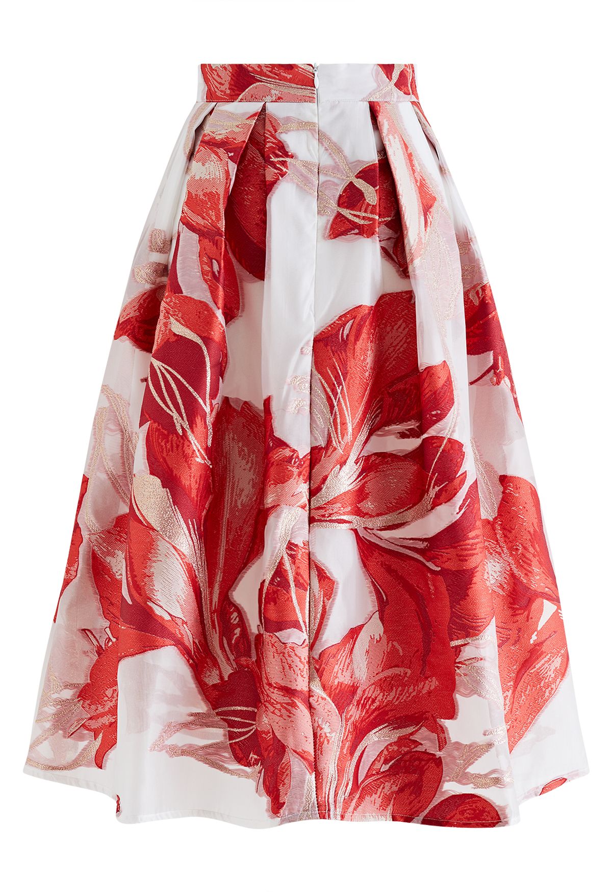 Jupe mi-longue plissée en organza jacquard floral artistique en rouge