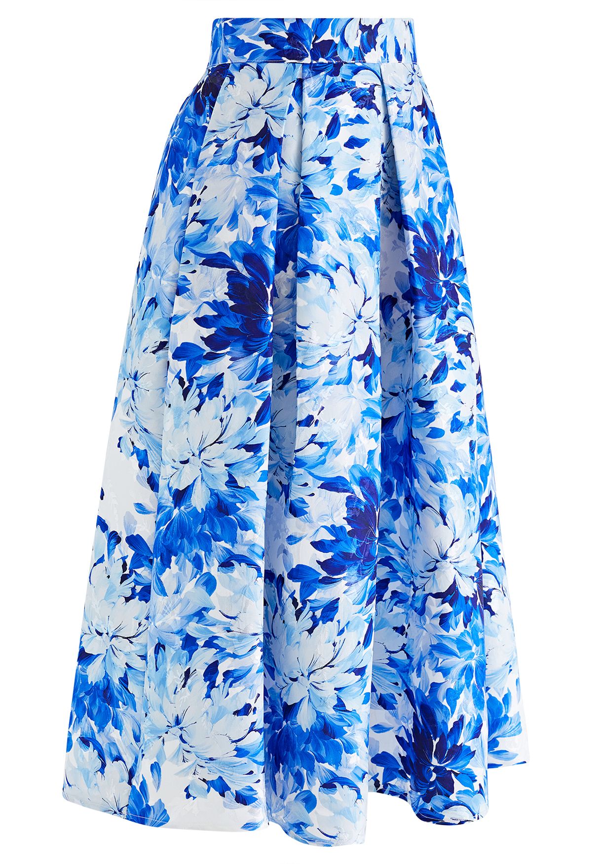 Jupe mi-longue plissée en jacquard bleu roi à imprimé fleuri