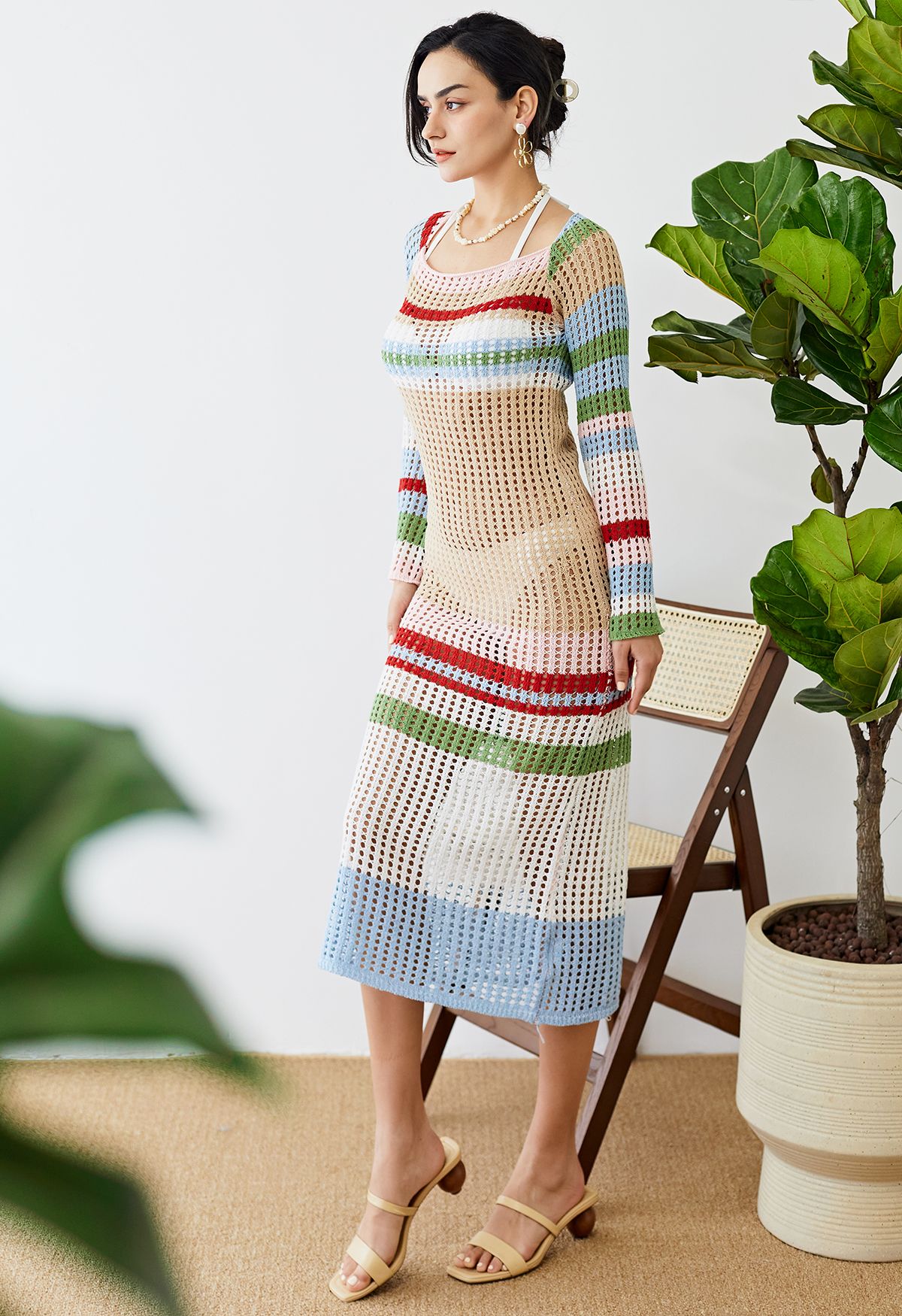 Couverture en tricot évidé à rayures colorées