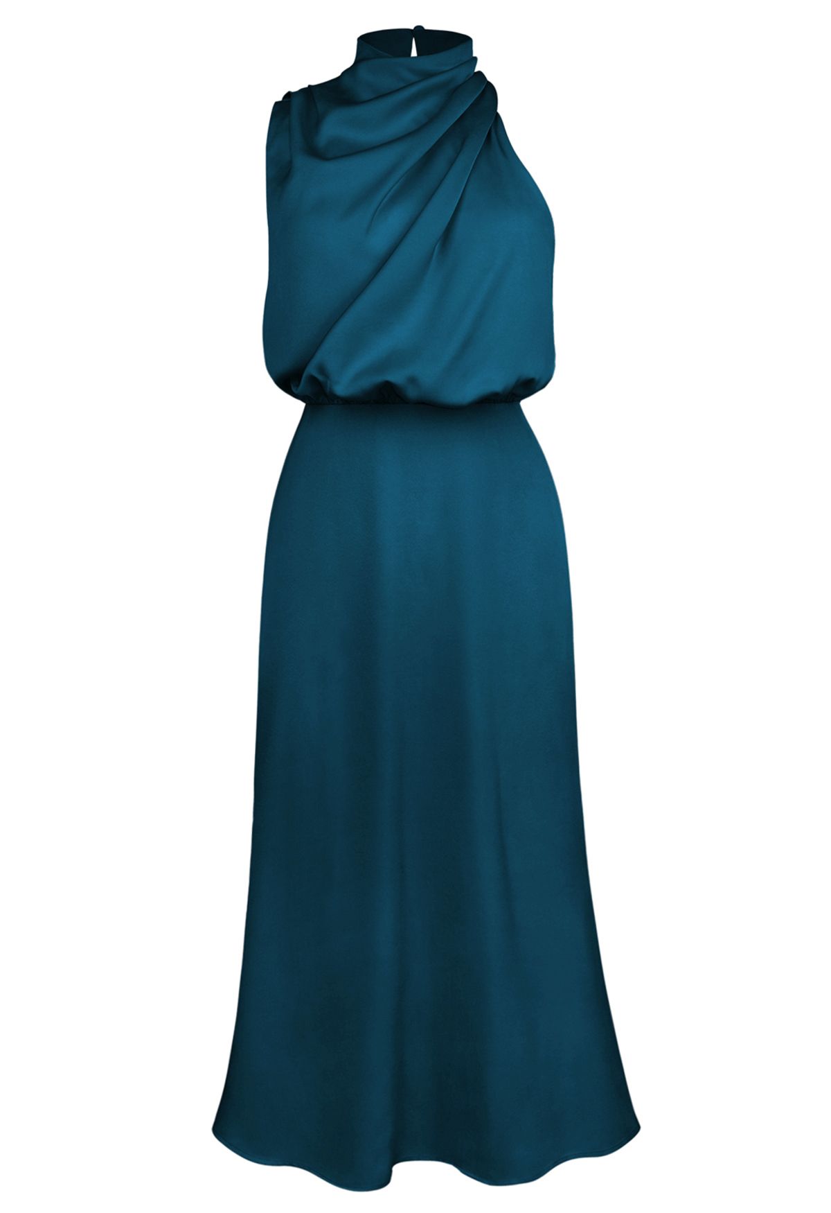 Robe asymétrique sans manches à encolure froncée en bleu sarcelle