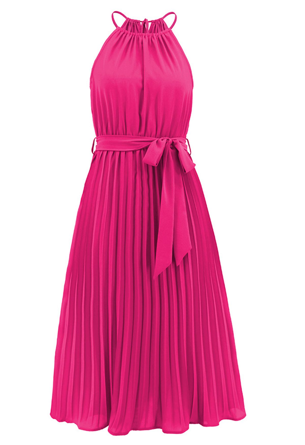 Robe plissée à taille nouée à encolure licou en rose vif