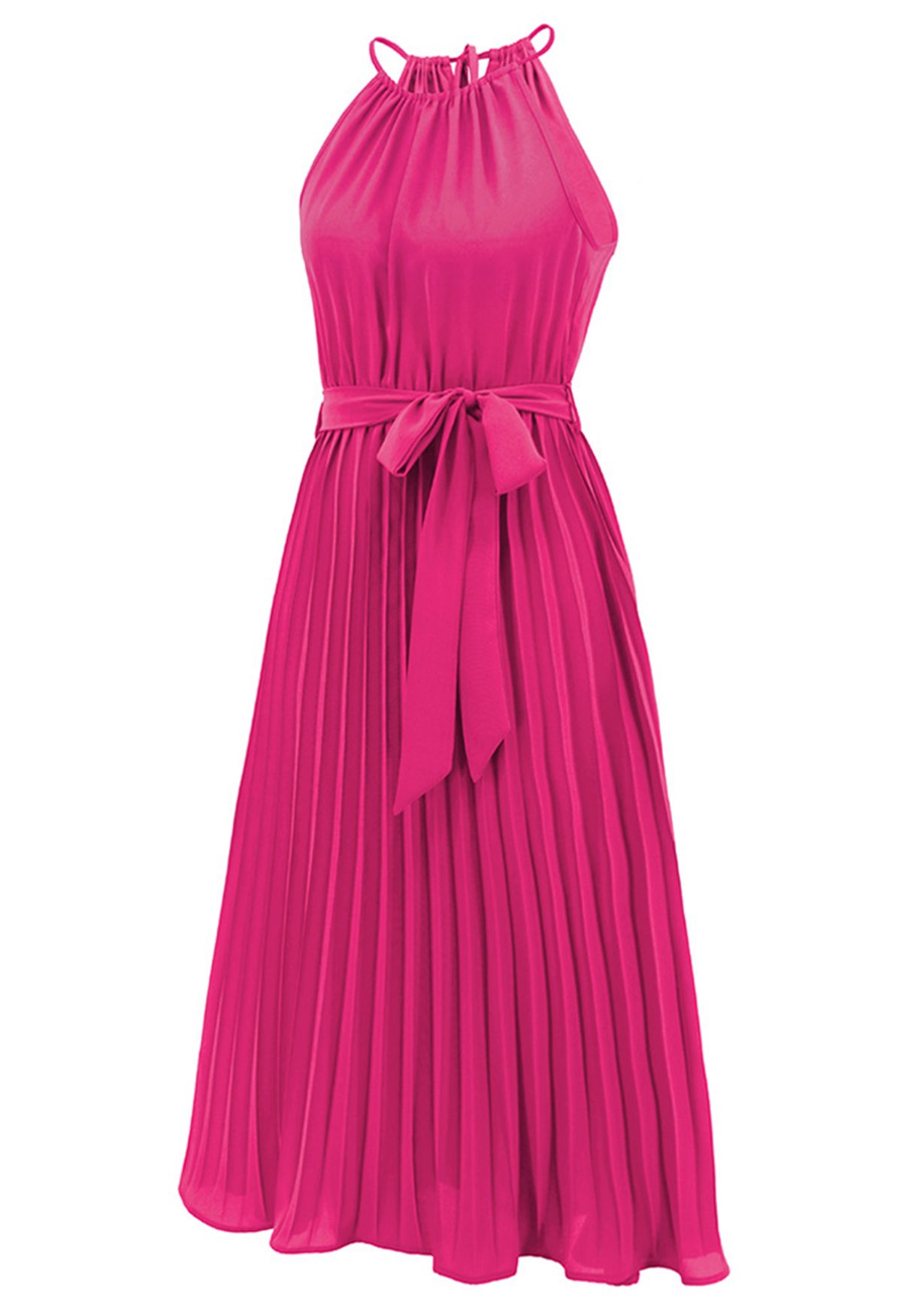 Robe plissée à taille nouée à encolure licou en rose vif