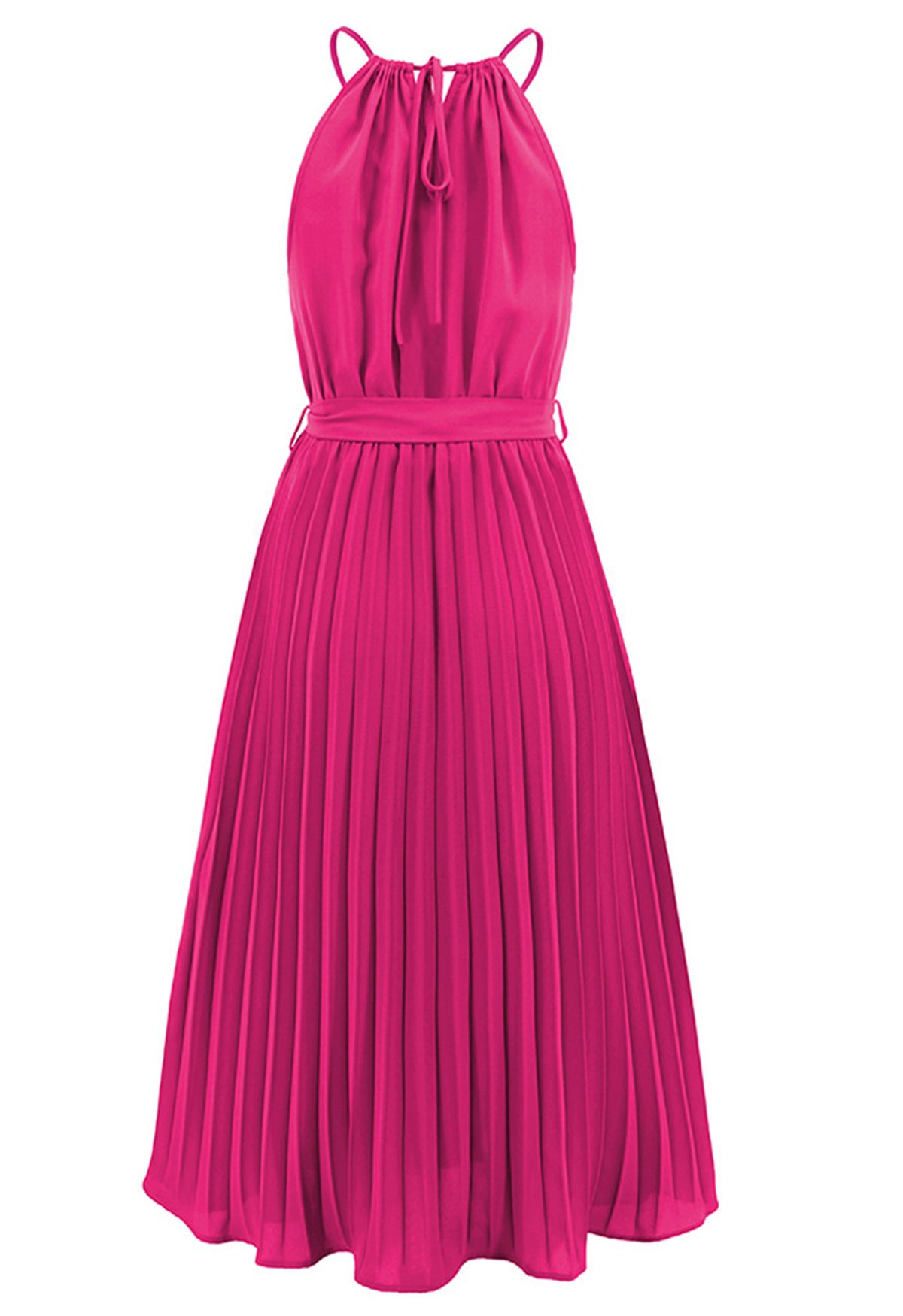 Robe plissée à taille nouée à encolure licou en rose vif