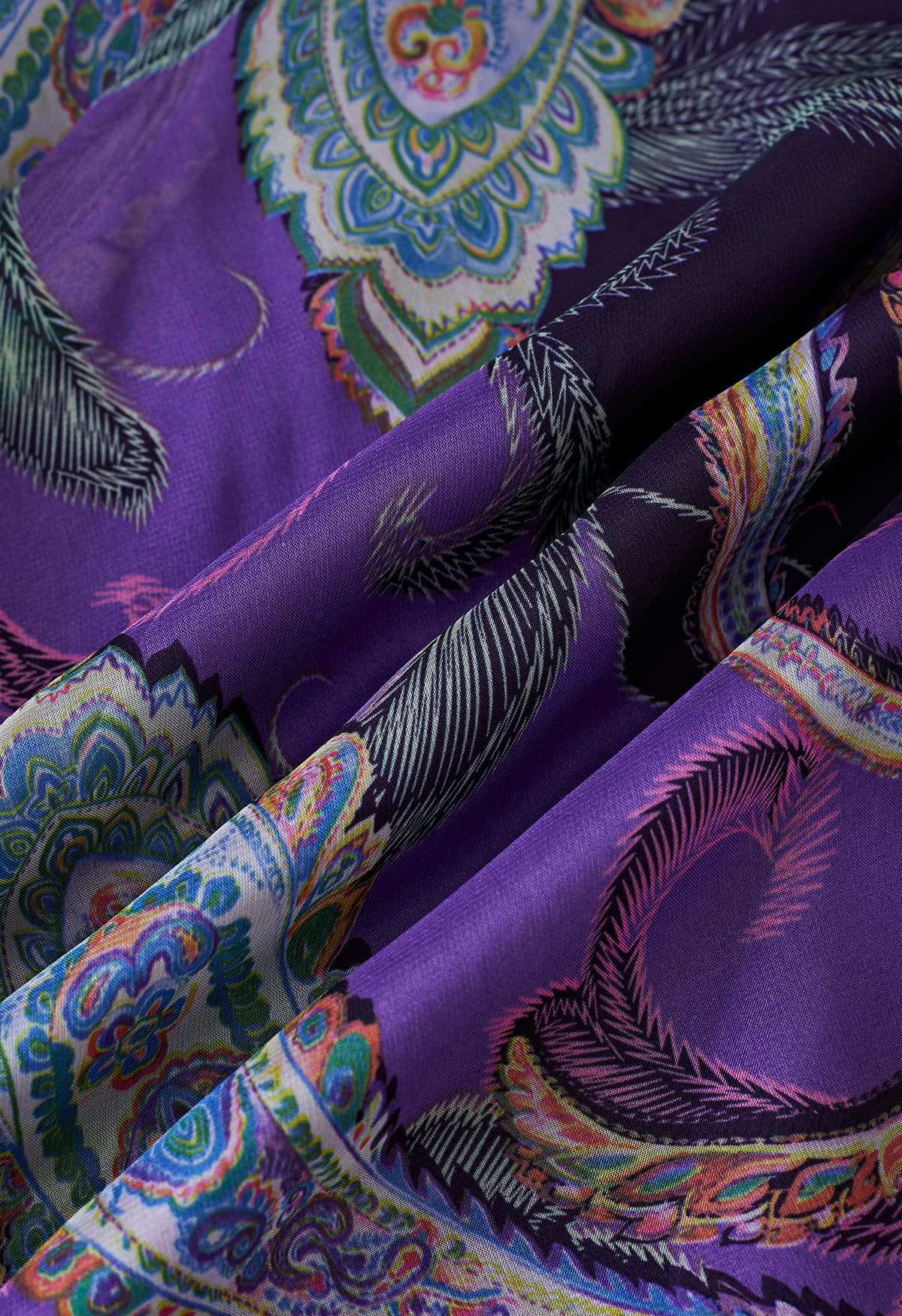 Jupe longue en mousseline de soie Paisley exotique en violet