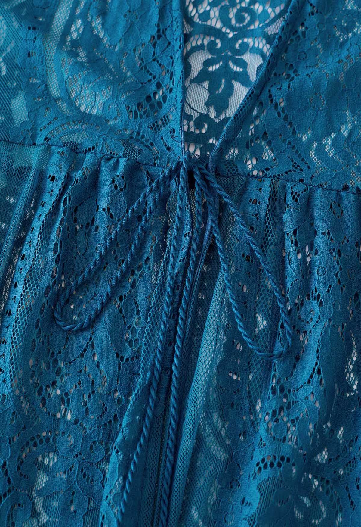Kimono en Crochet Floral aux Poignets Fendus en Bleu Sarcelle