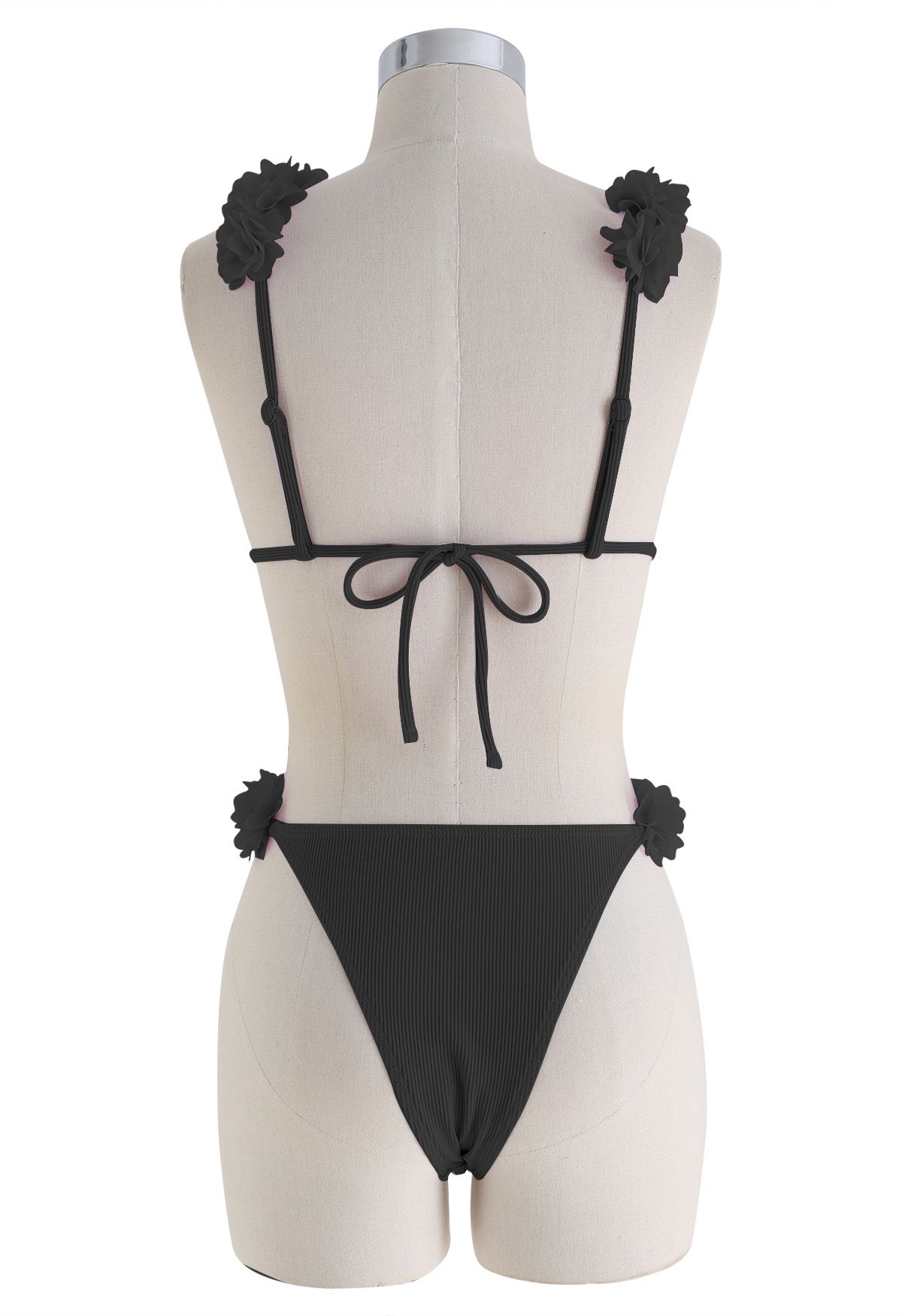 Ensemble de bikini 3D Fleur en maille Deep-V en noir