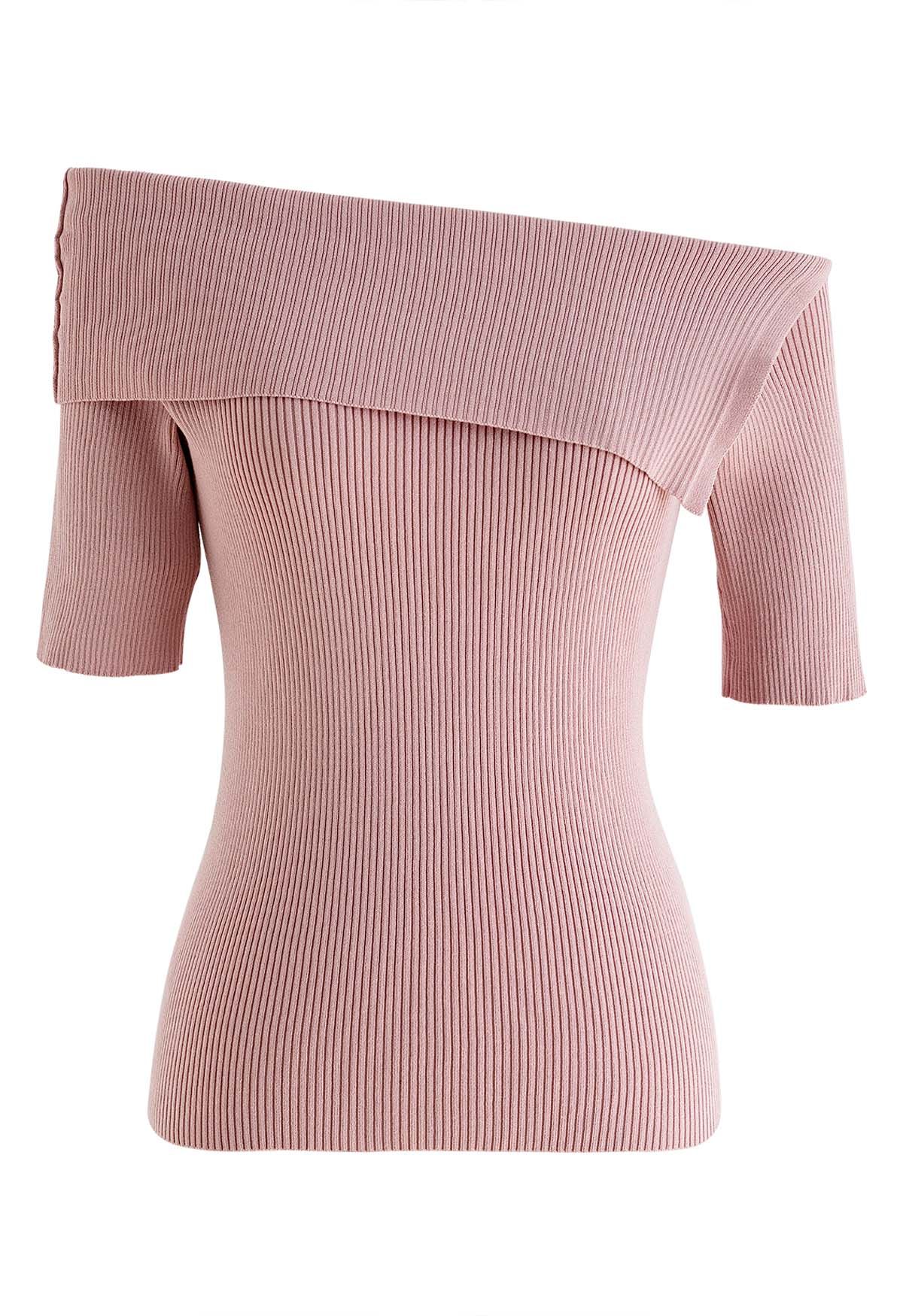 Haut en tricot à manches courtes et épaules dénudées pliées en rose