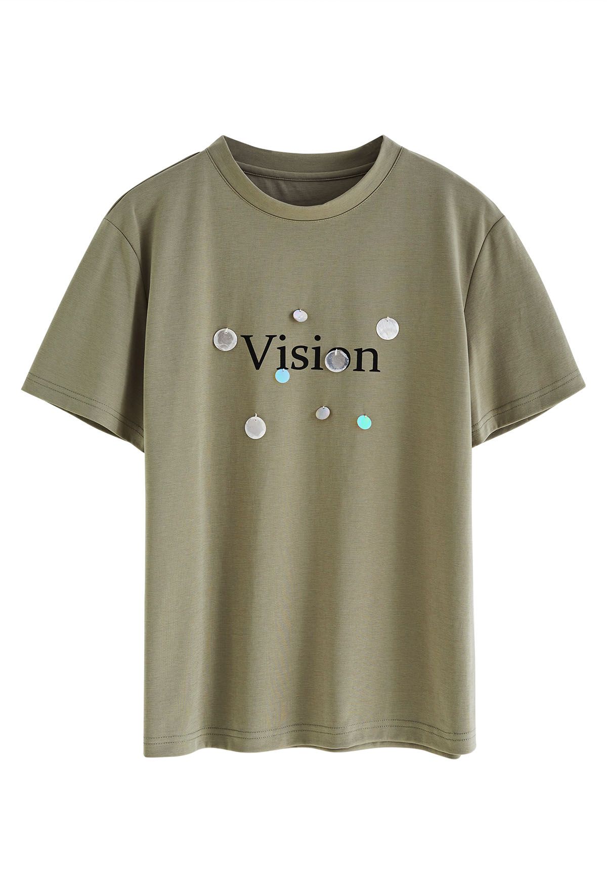 T-SHIRT COL ROND Paillettes Imprimé Vision en Sauge