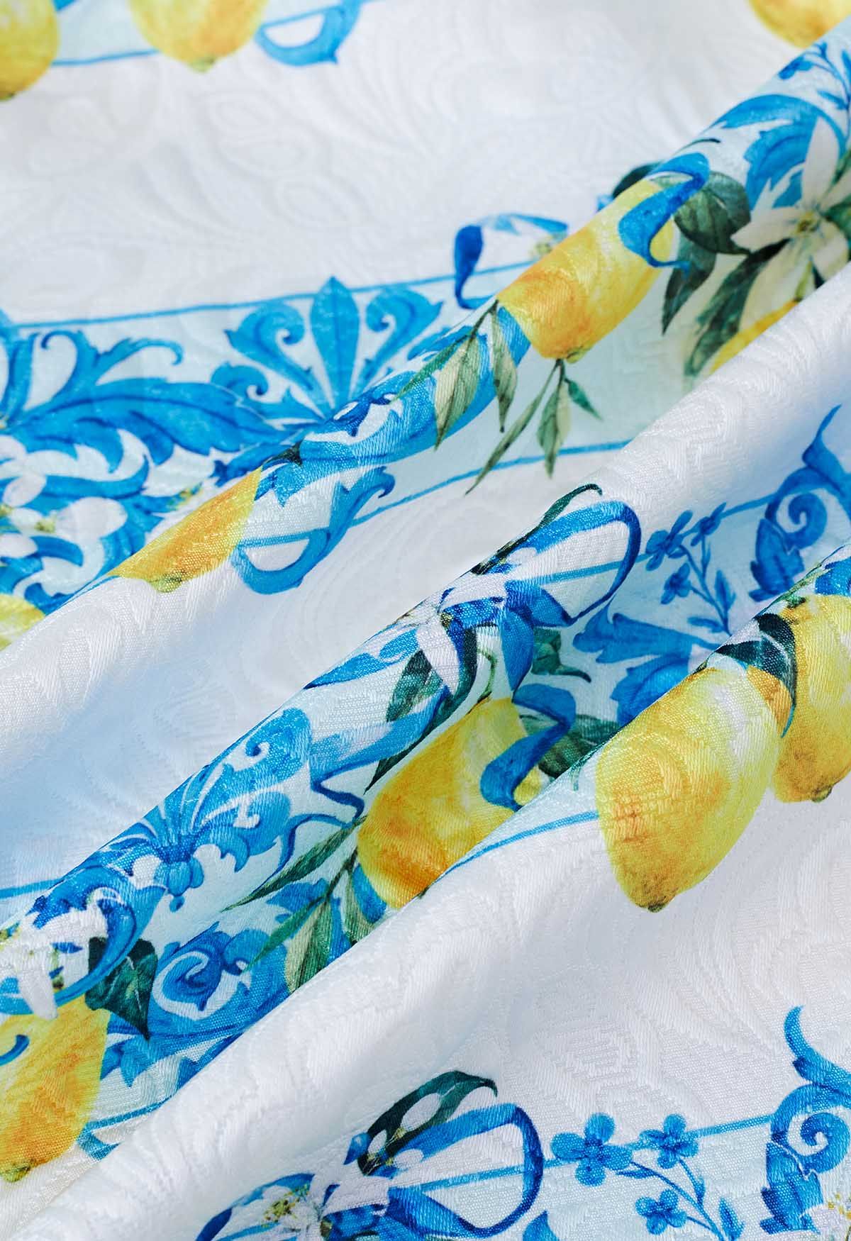 Jupe mi-longue plissée à imprimé citron aquarelle de style sicilien