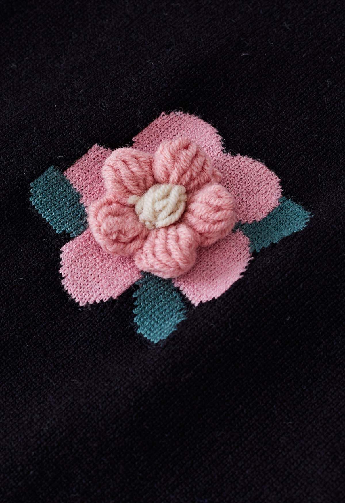 Haut en tricot à manches courtes et fleurs roses en noir