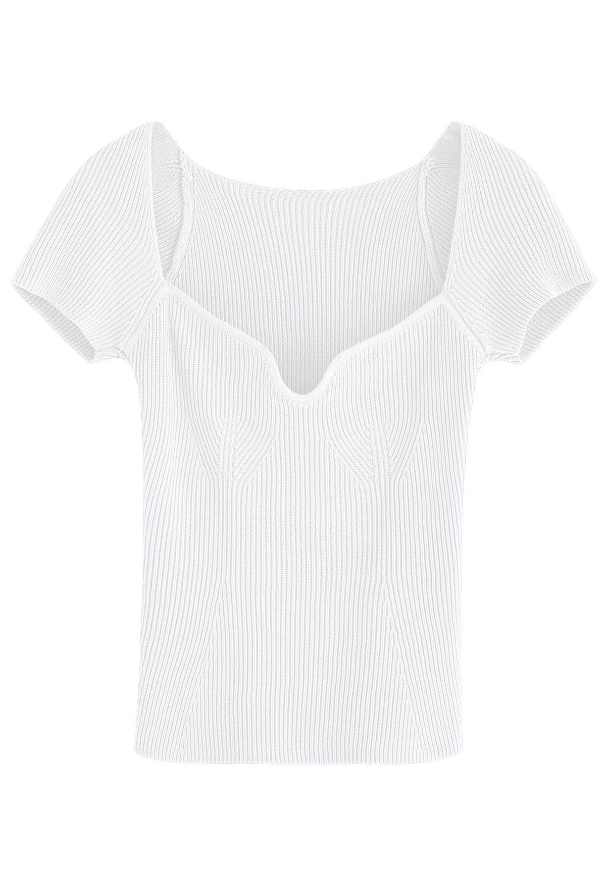 Haut en tricot ajusté à col large en forme de U en blanc