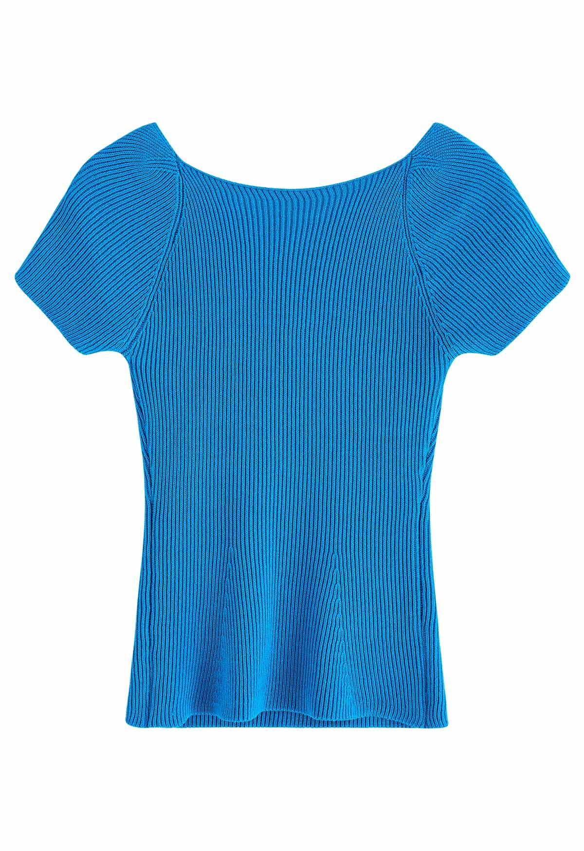 Haut en tricot ajusté à col large en forme de U en bleu