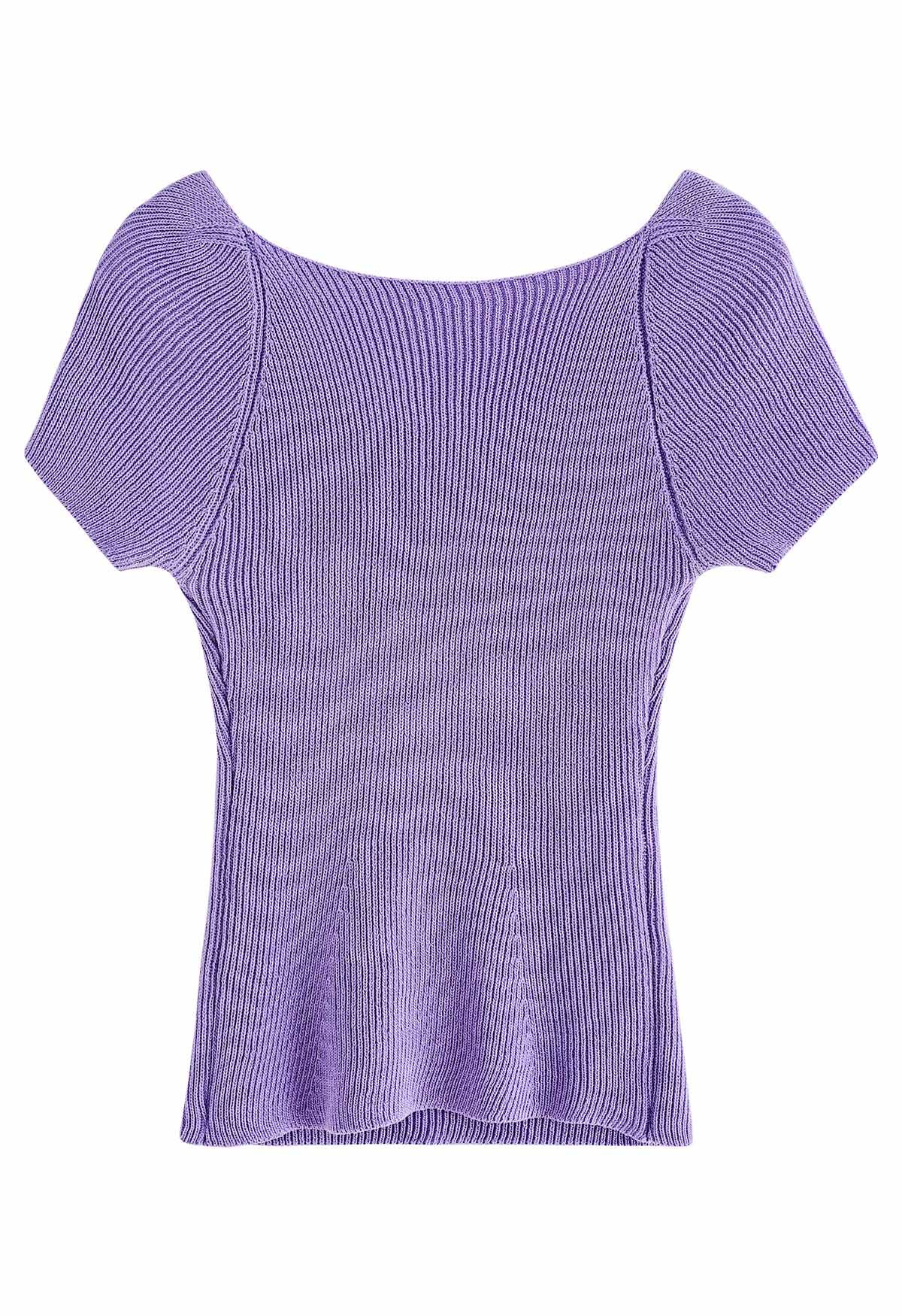 Haut en tricot ajusté à col large en forme de U en lilas
