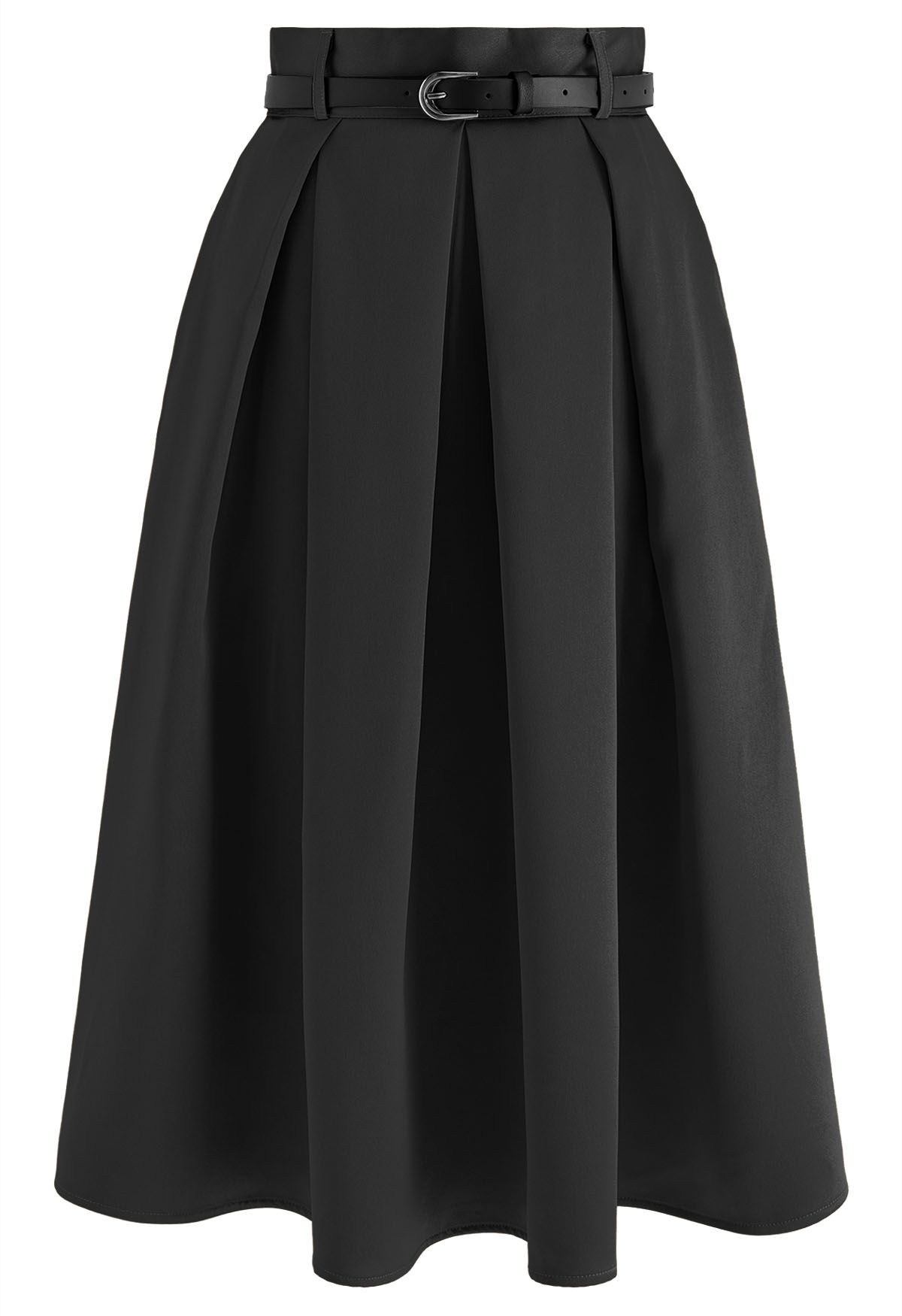 Élégante jupe mi-longue plissée avec ceinture en noir