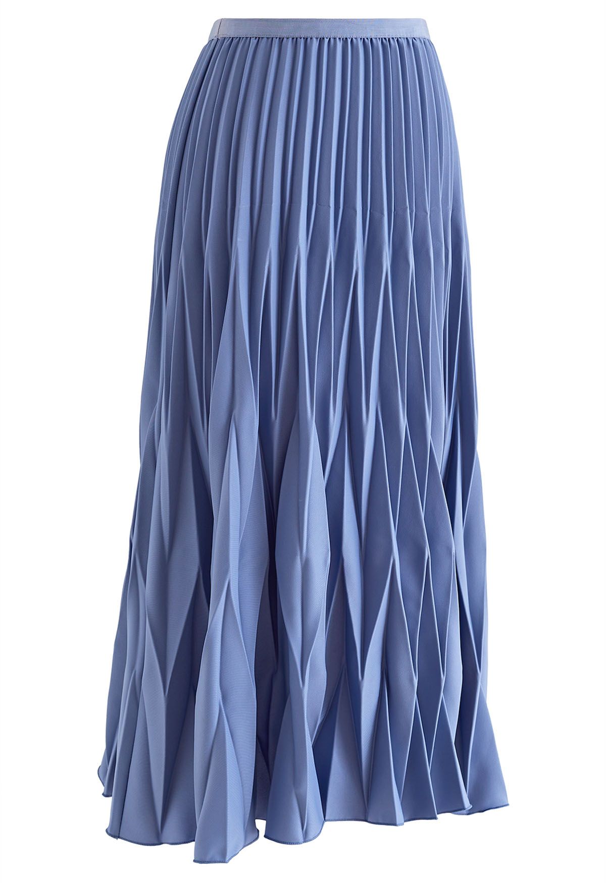 Jupe mi-longue plissée irrégulière en bleu poussiéreux