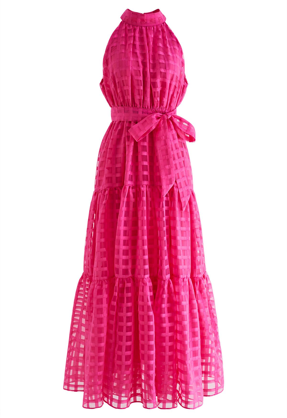 Robe longue à carreaux avec col licou et taille nouée en rose vif