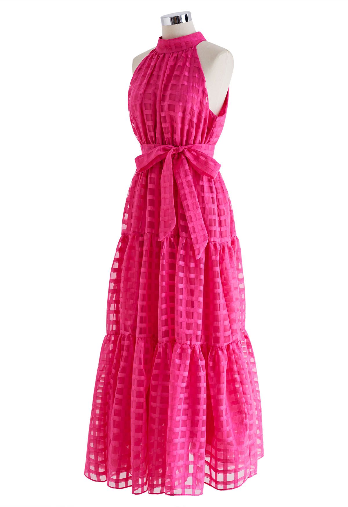 Robe longue à carreaux avec col licou et taille nouée en rose vif