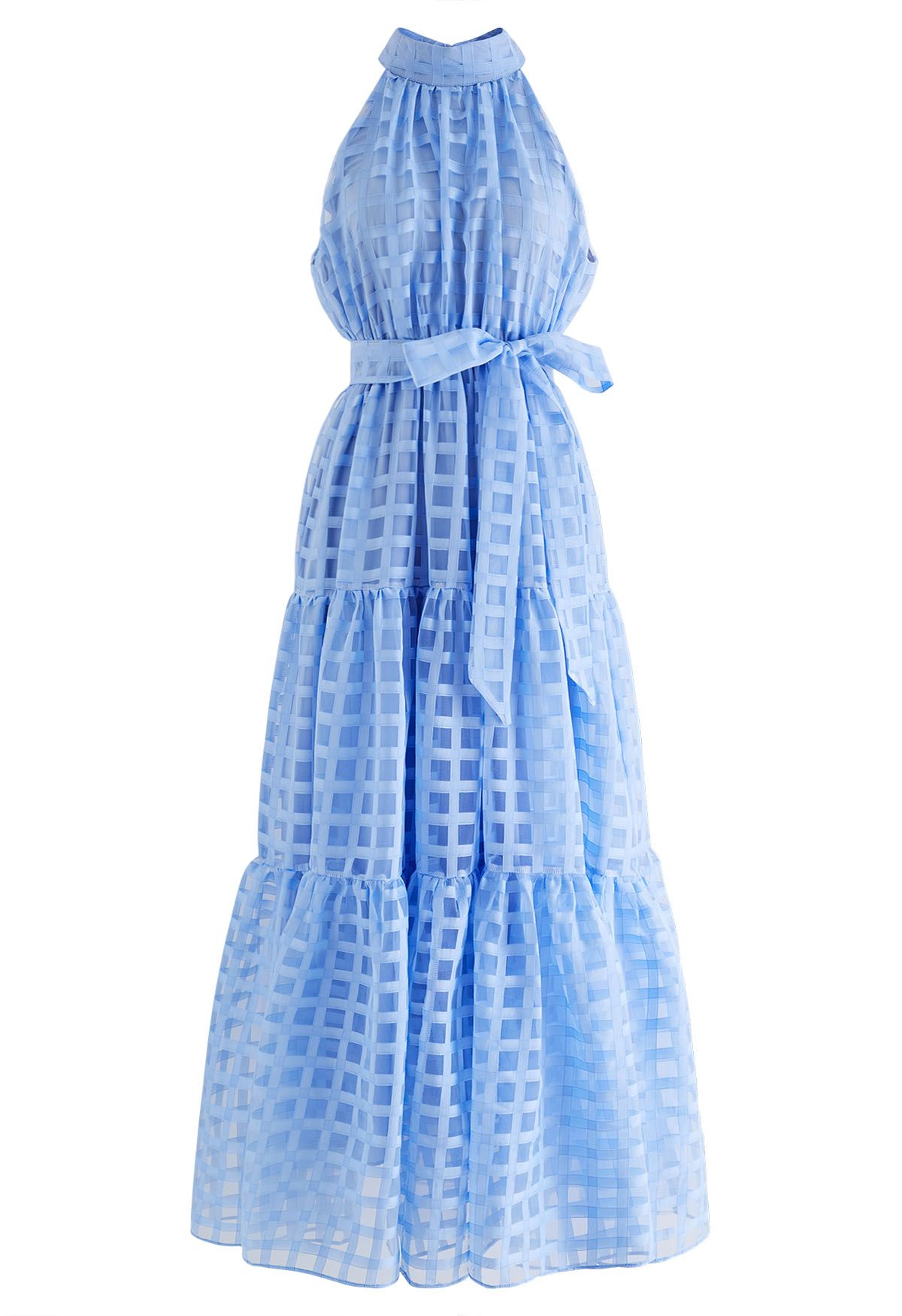 Robe longue à carreaux à col licou et taille nouée en bleu