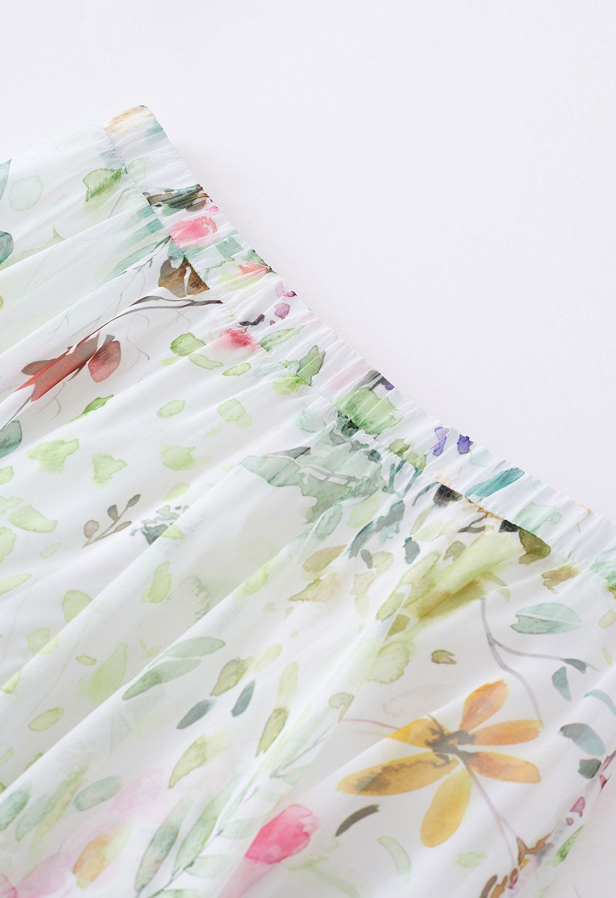 Jupe longue en mousseline imprimée de fleurs sauvages aquarelle
