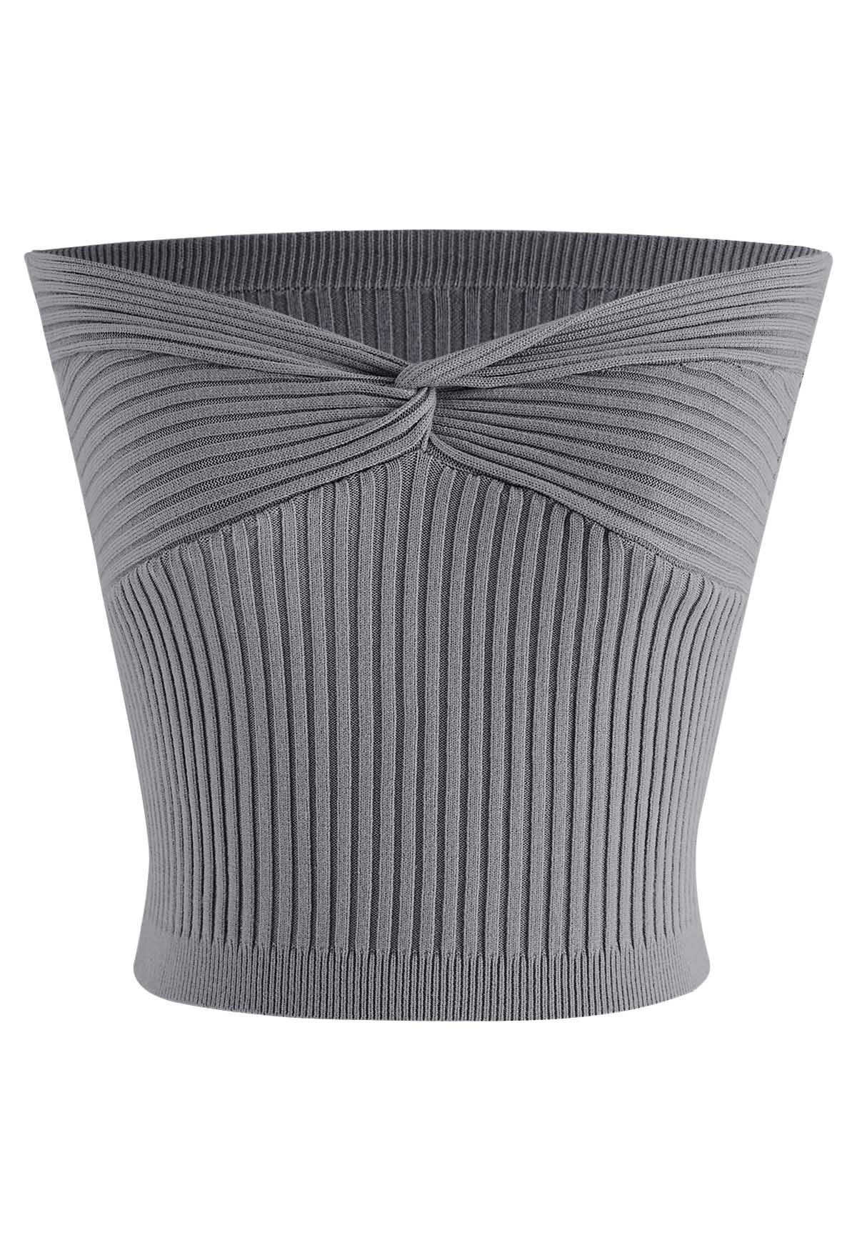Crop top tube en tricot côtelé torsadé sur le devant en gris