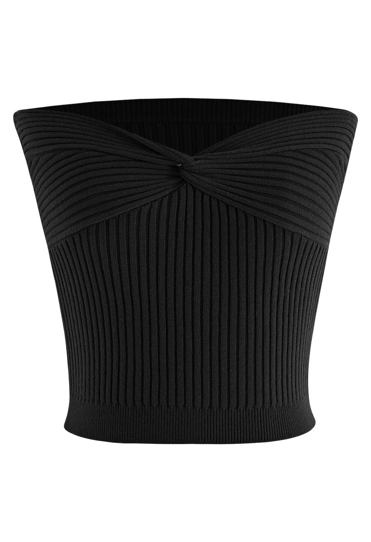 Crop top tube en tricot côtelé torsadé sur le devant en noir