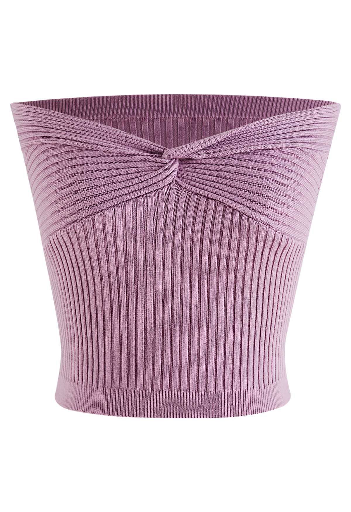 Crop top tube en tricot côtelé torsadé sur le devant en lilas
